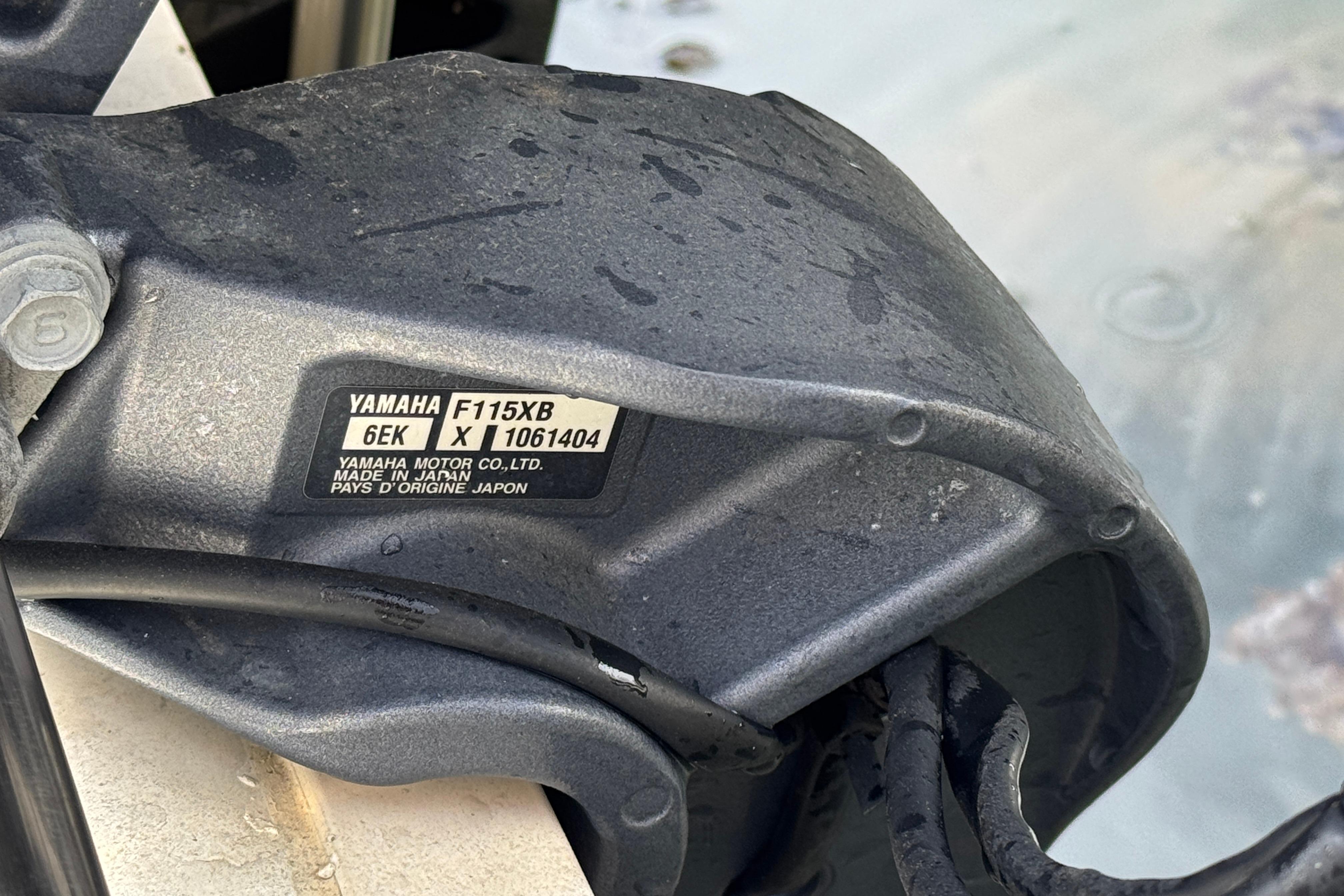 Close-up of Yamaha F115XB motor part on 2019 Stingray 204 LR boat.
