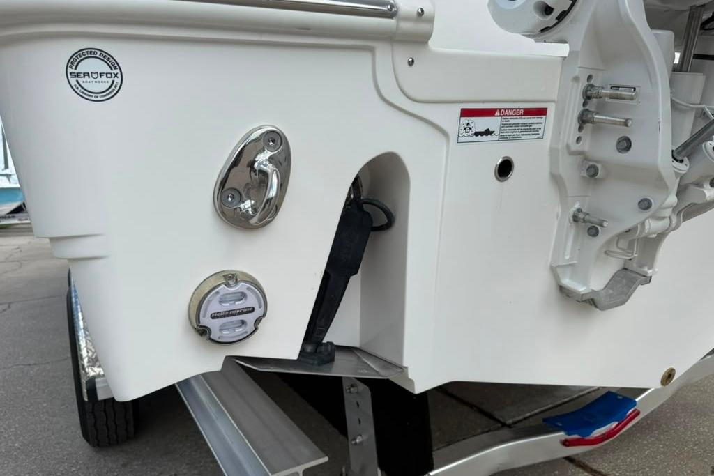 Rear view of 2026 Sea Fox 288 Traveler boat, showcasing design details and fittings.
