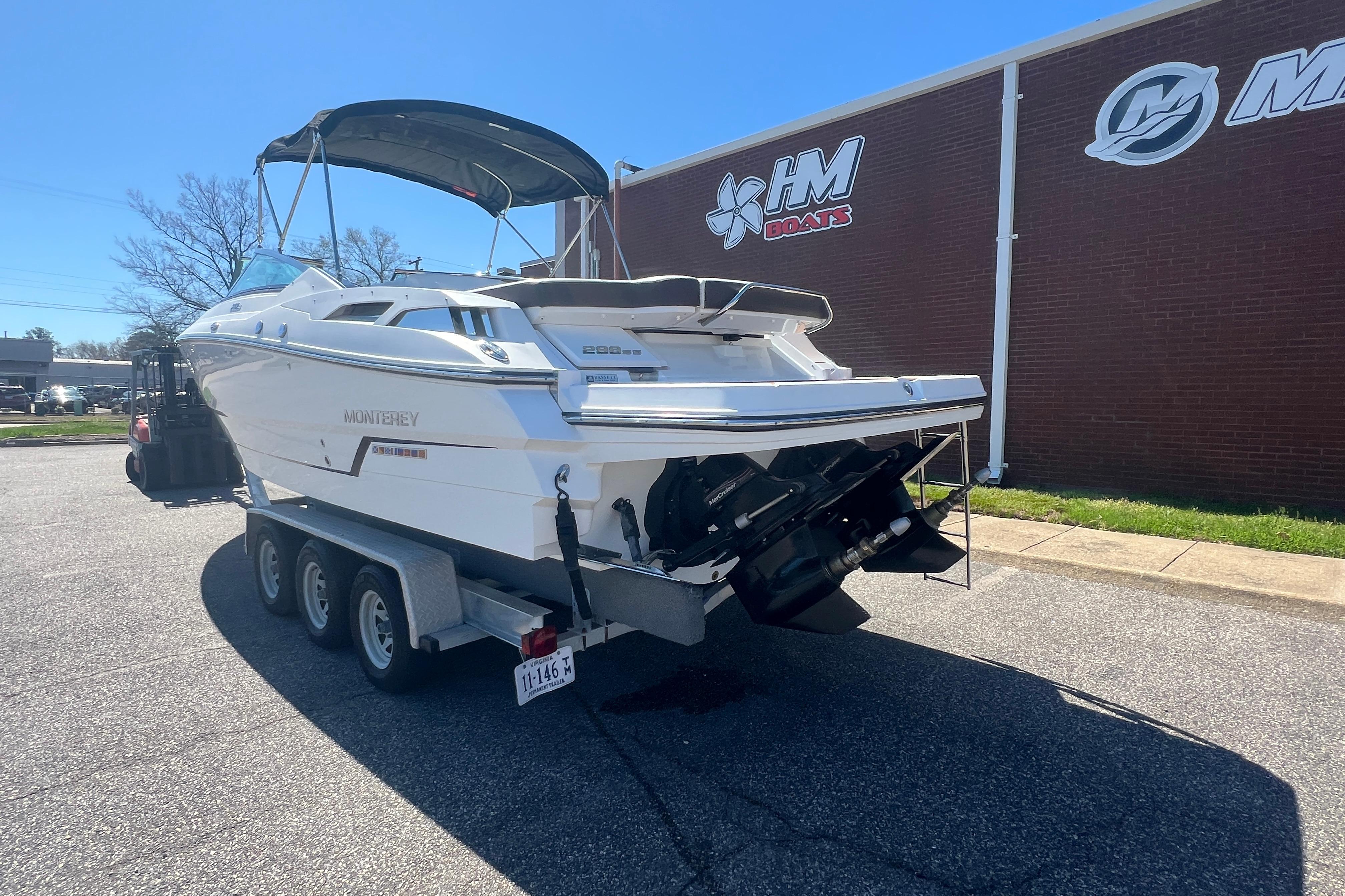 2017 Monterey 298SS Super Sport boat on trailer outside HM Boats building.