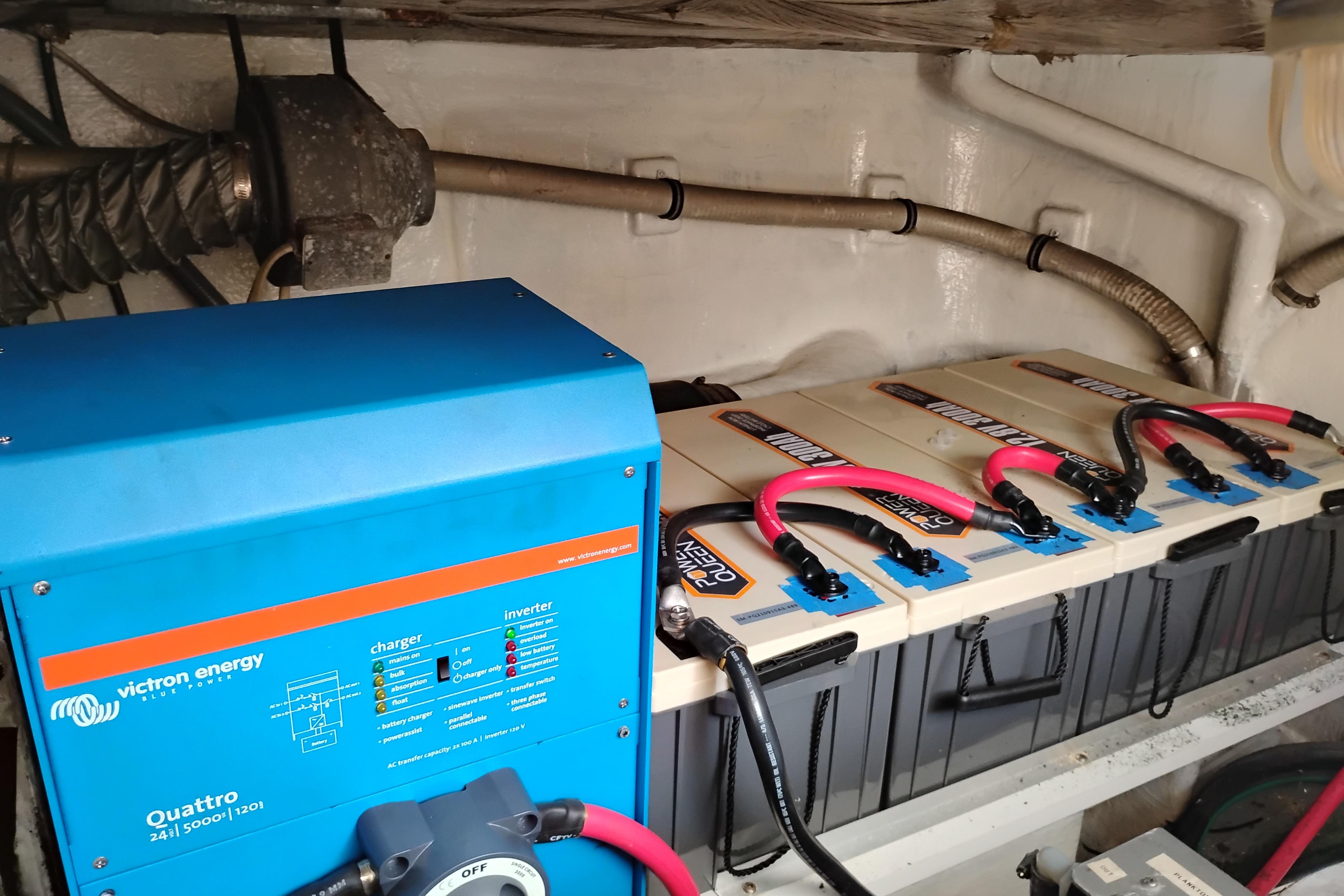 Electrical system of 1995 Queenship 62 Pilothouse Motor Yacht with Victron Energy Quattro inverter.