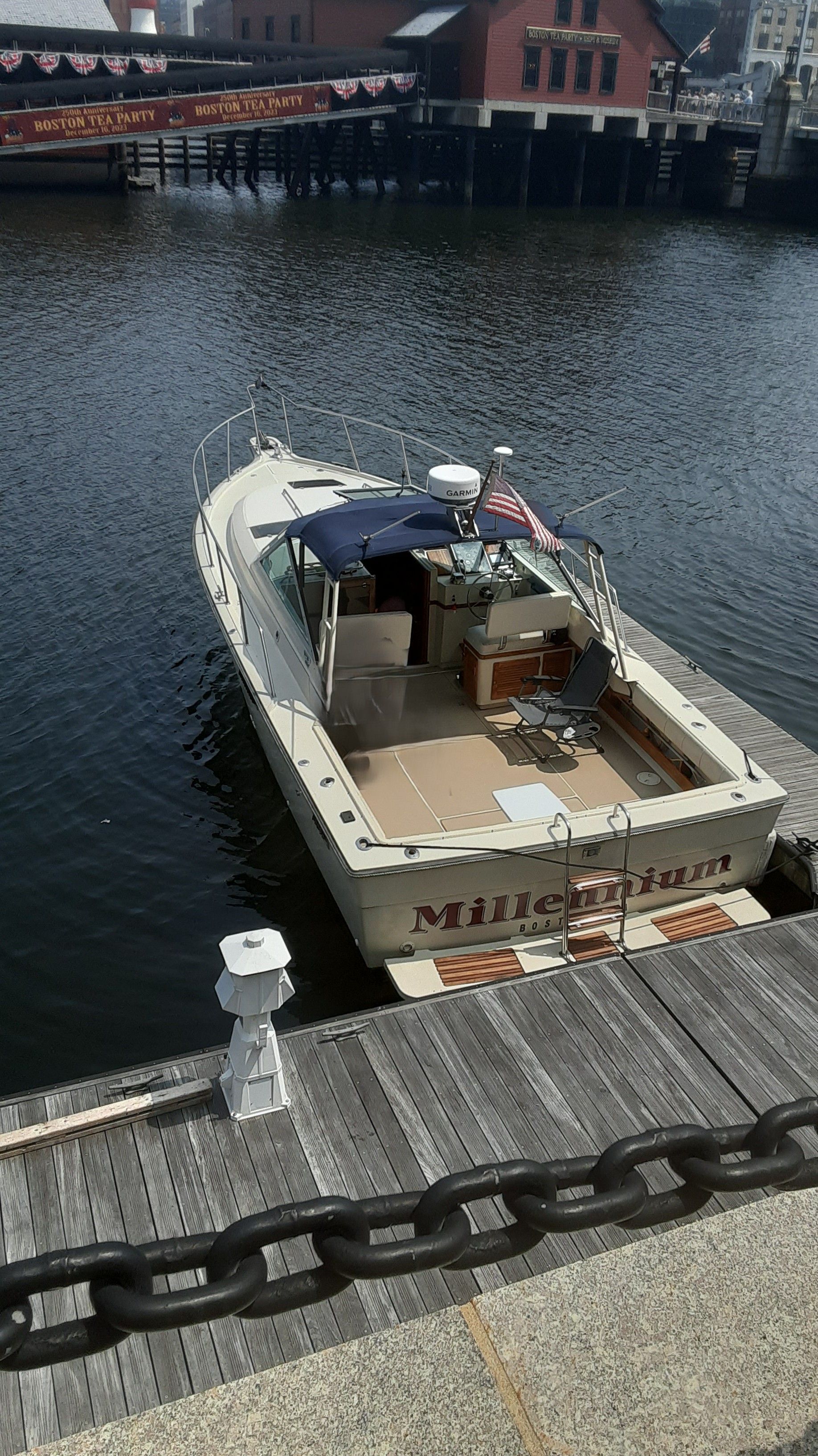 1985 Tiara Yachts 3100 Open docked in Boston.