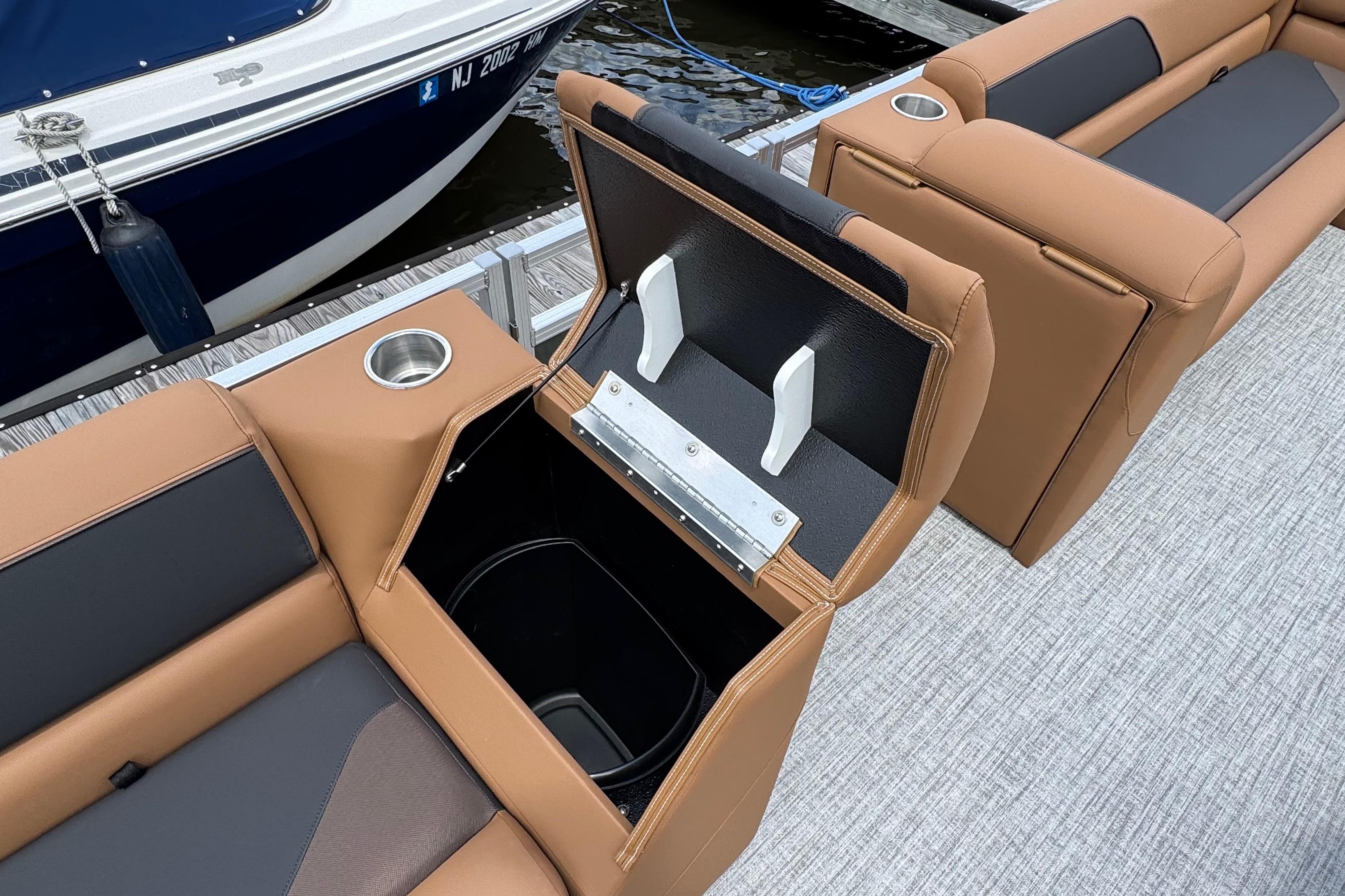 2026 Tahoe Pontoon Sport 85 Cruise Rear Bench with open storage compartment and cup holders.