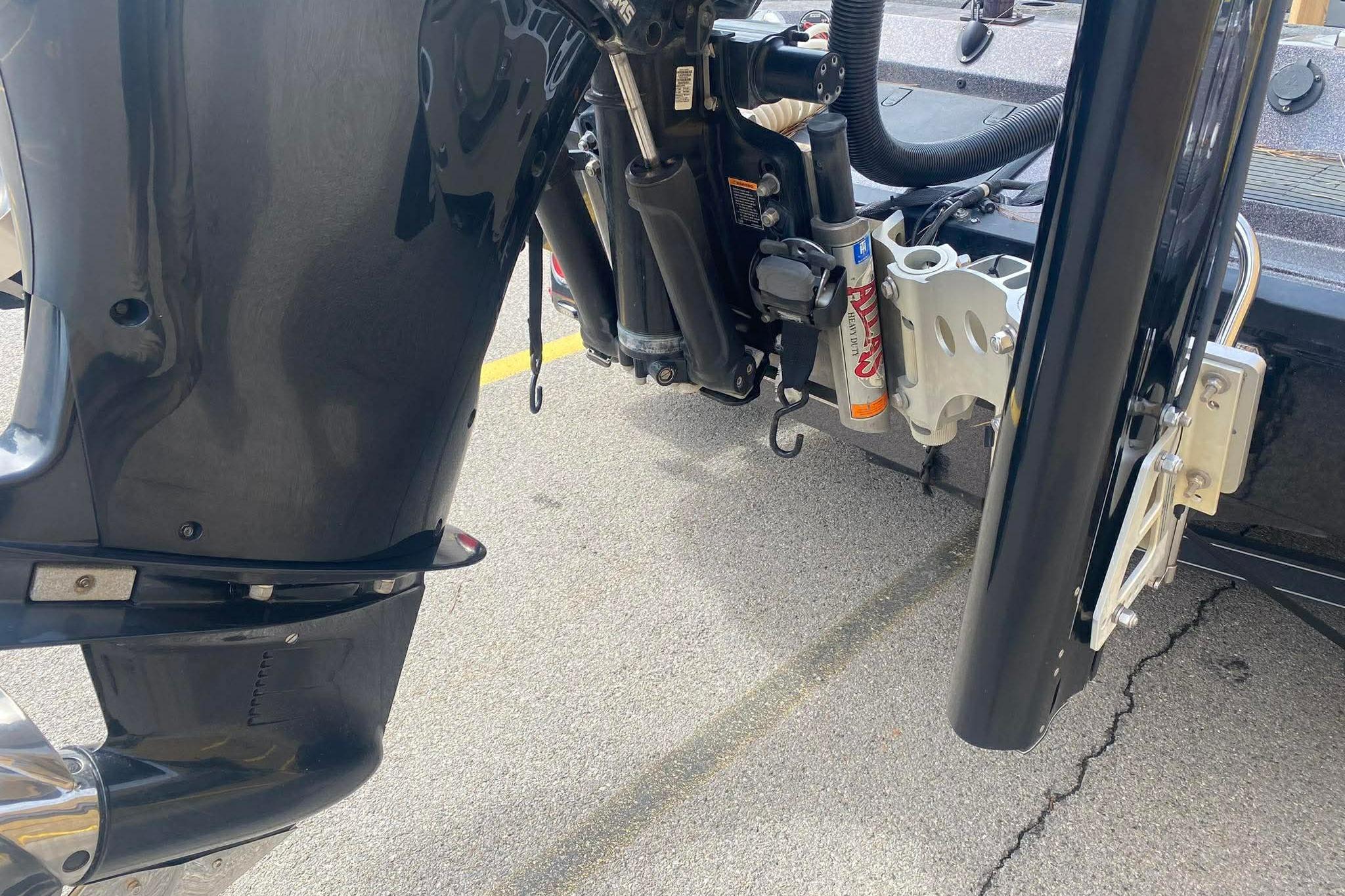 2017 Ranger 621FS Fisherman boat motor and hydraulic system close-up.