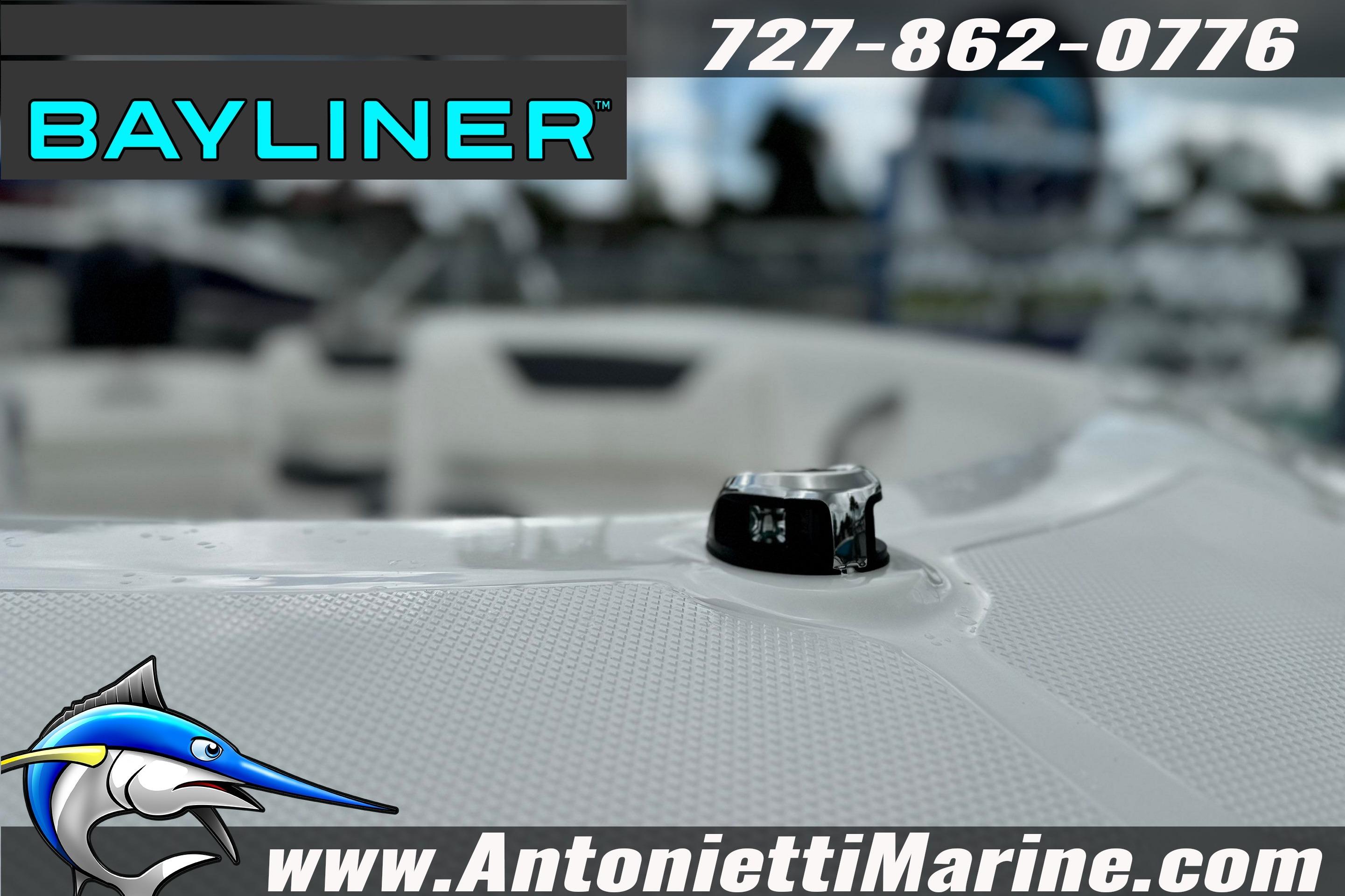 Bayliner Element E16 boat detail with logo and contact information.