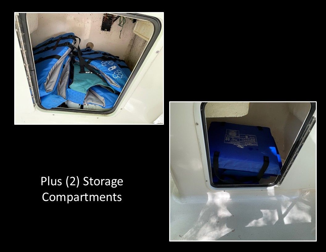 Two storage compartments with blue bags and life jackets.