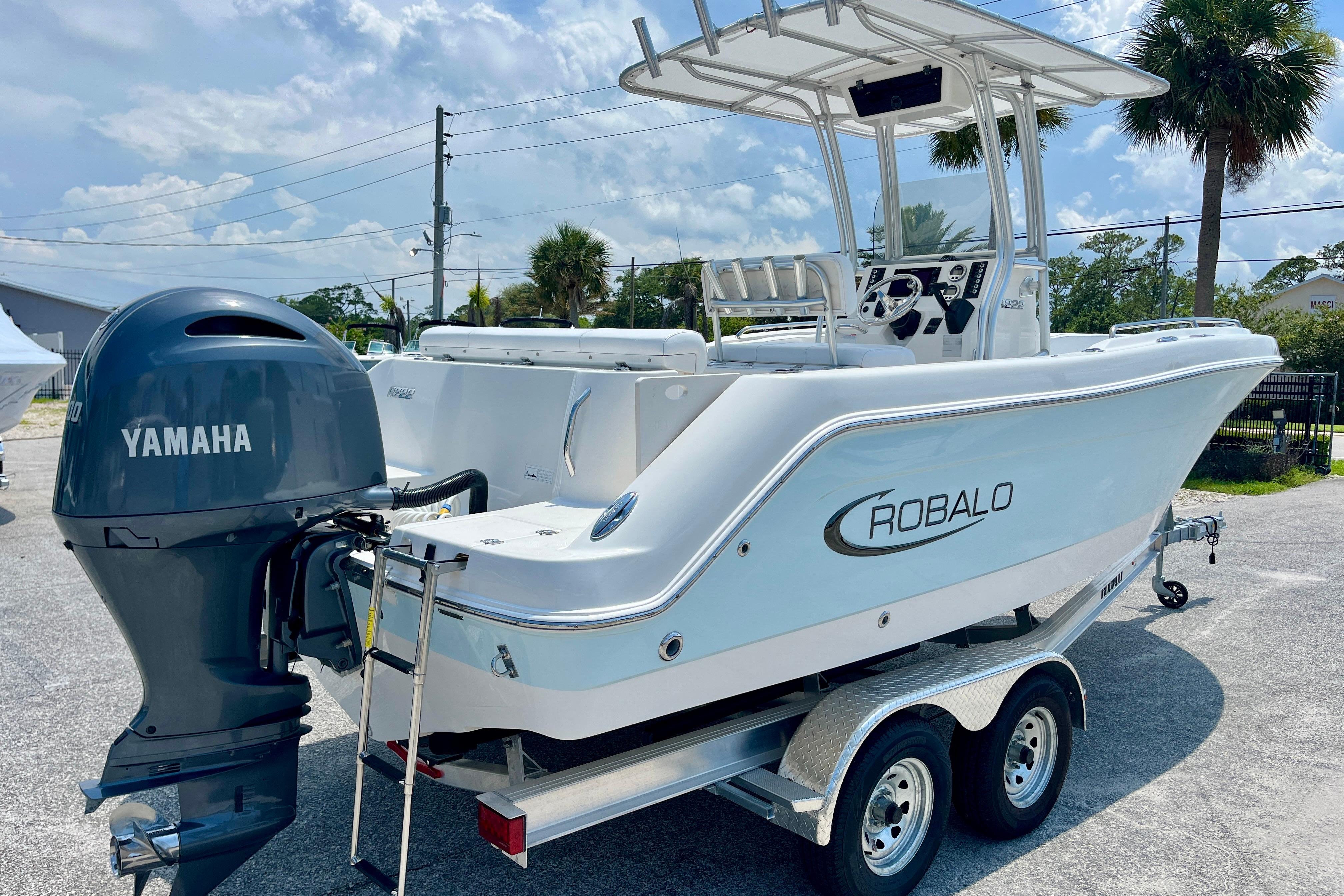 2016 Robalo R222 Center Console boat with Yamaha engine on trailer.