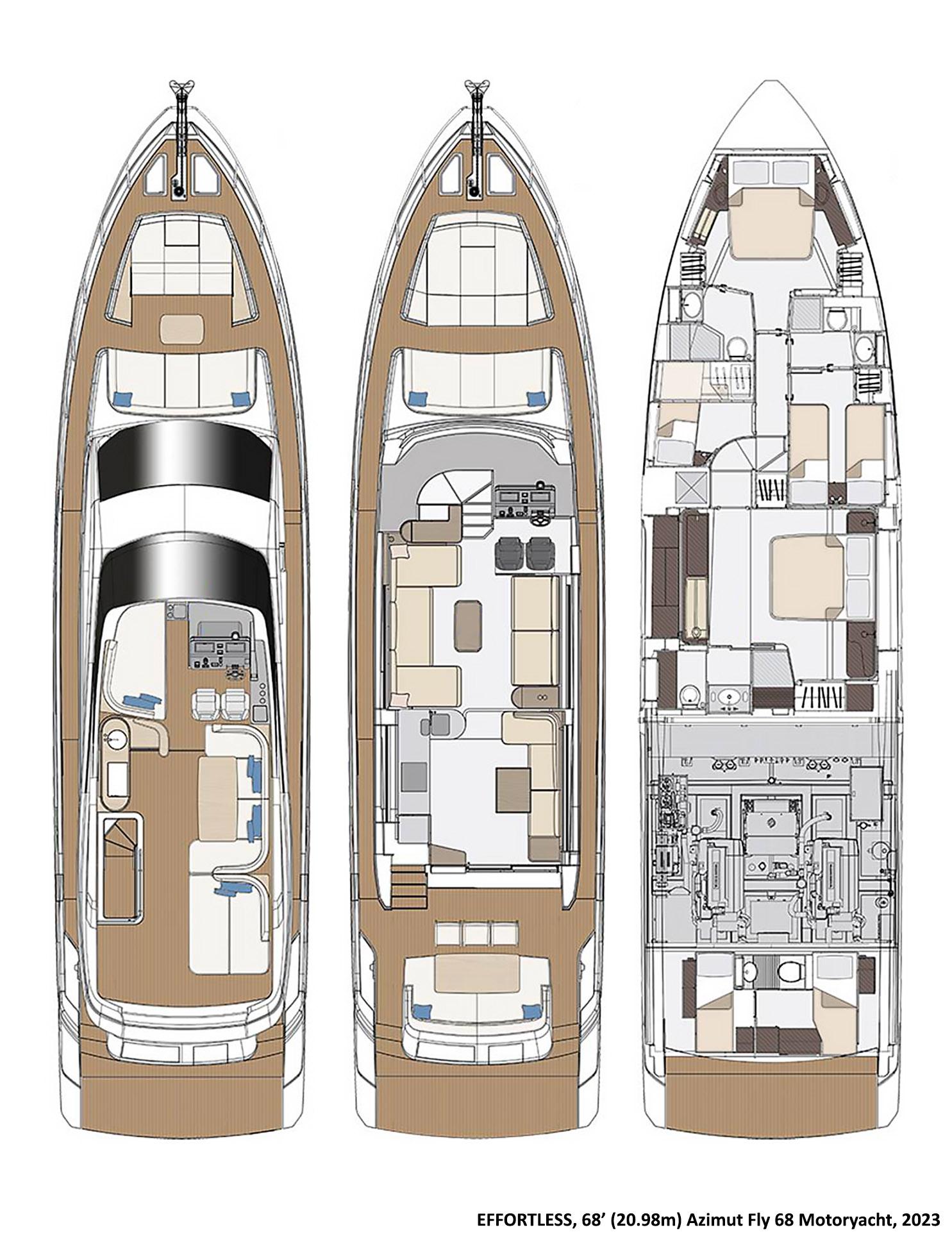2023 Azimut Fly 68 yacht floor plan, showcasing luxurious interior and deck layout.
