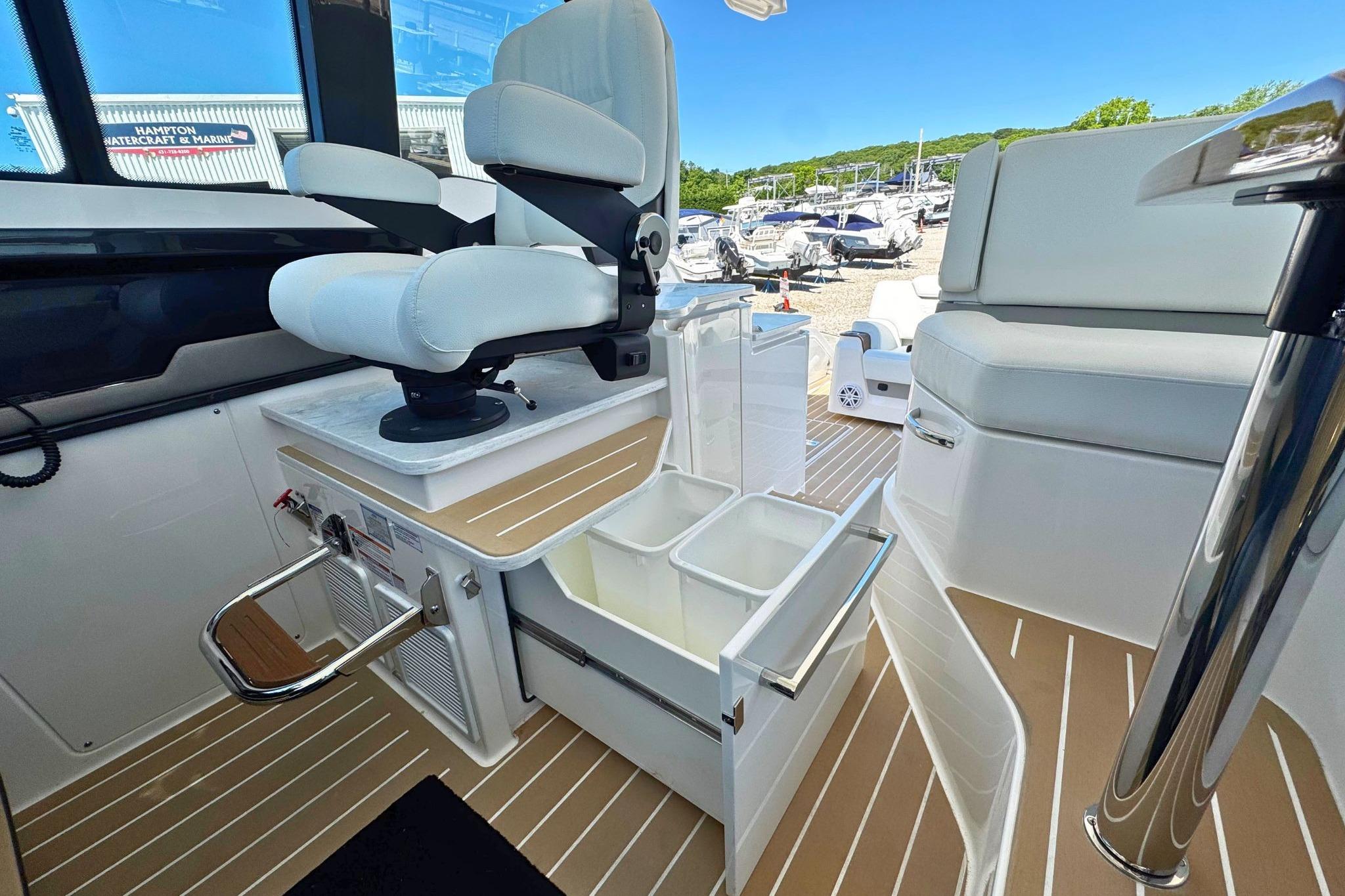 Interior of 2027 Tiara Yachts 39 LE, featuring luxurious seating and storage compartments.
