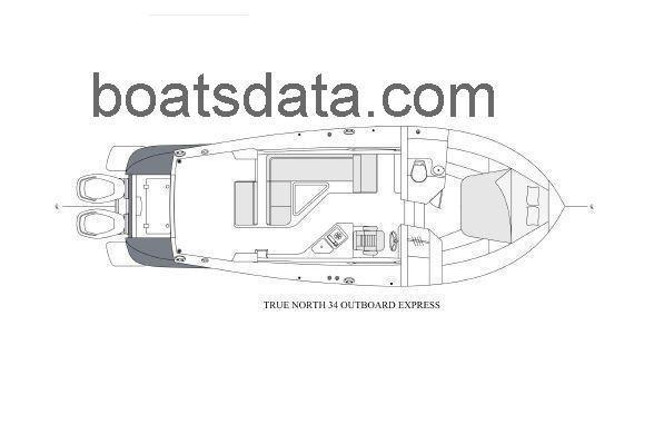 True North 34 Outboard Express 2024 boat layout diagram, top view.