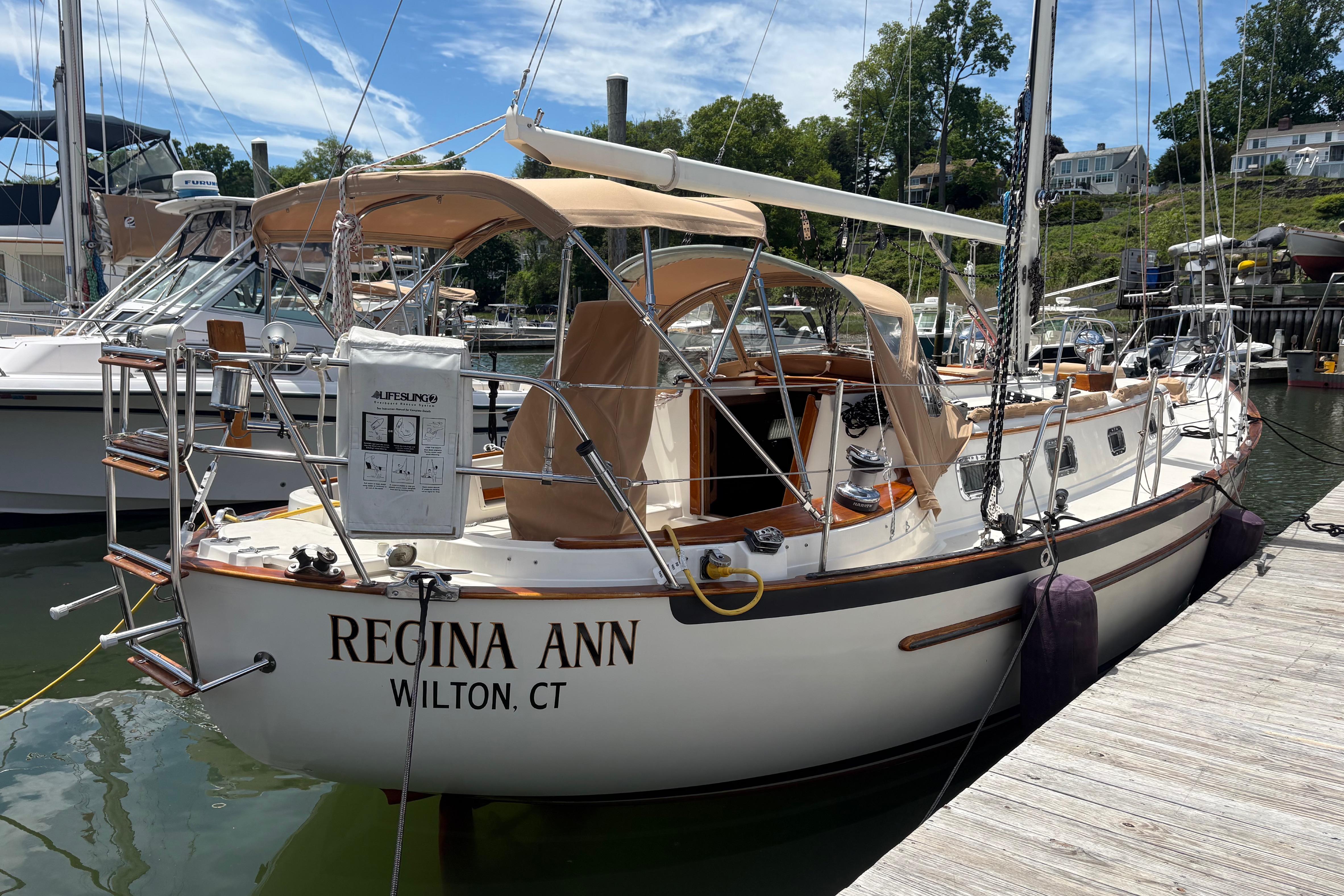 Sailboat "Regina Ann," Pacific Seacraft Crealock 34, 1997, docked in marina, Wilton, CT.