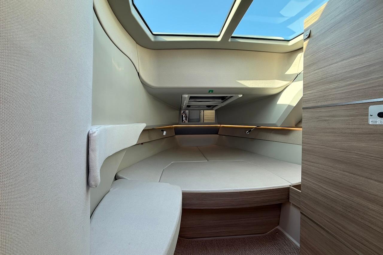 2024 Saxdor 320 GTC cabin interior with skylight and modern design.
