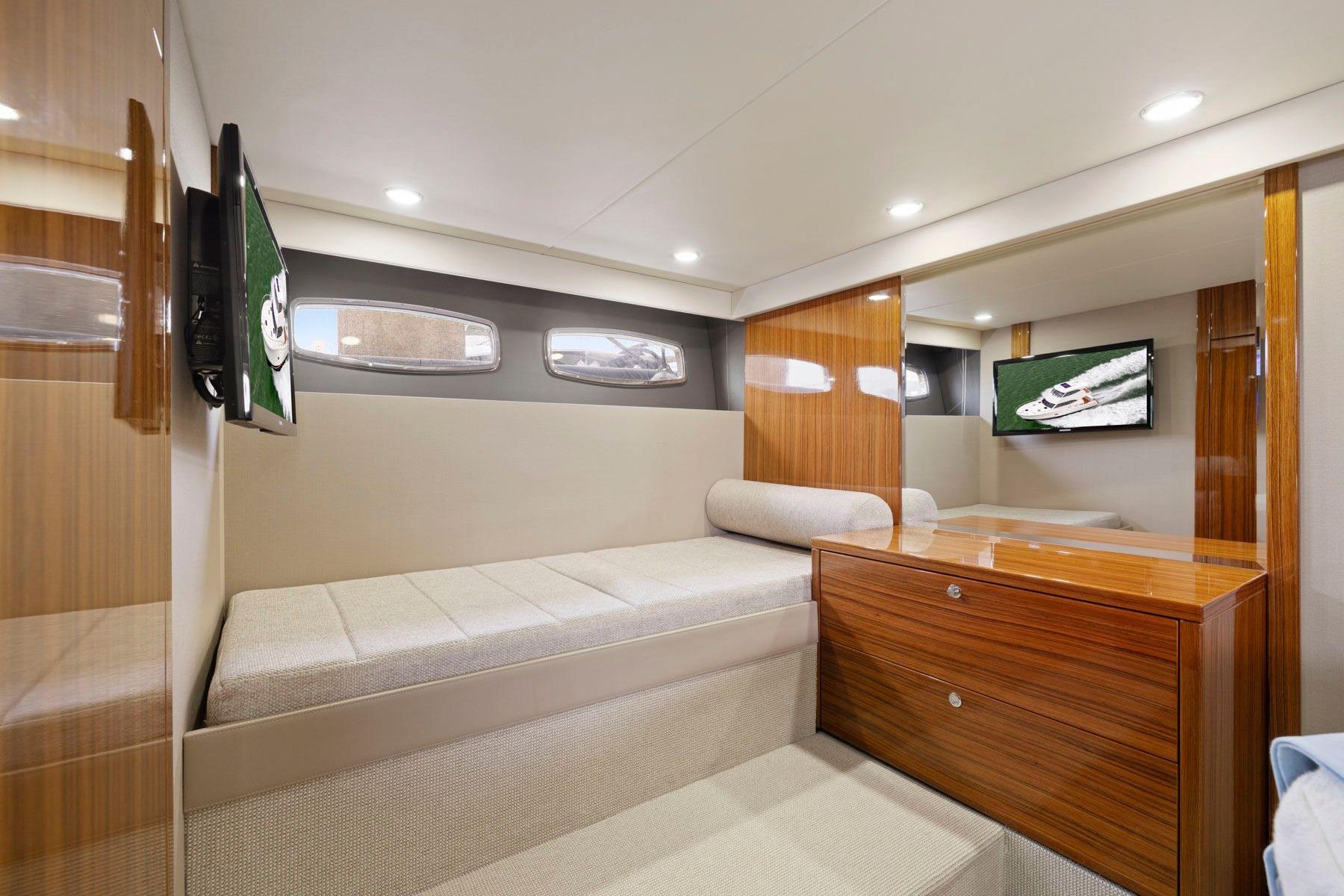 Luxurious interior of 2014 Maritimo M50 yacht with modern furnishings and sleek design.