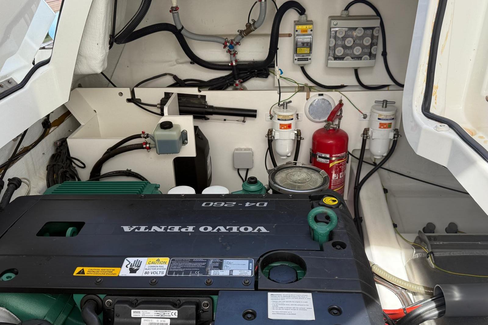 Engine compartment of a 2020 Jeanneau Leader 36 with Volvo Penta engine.