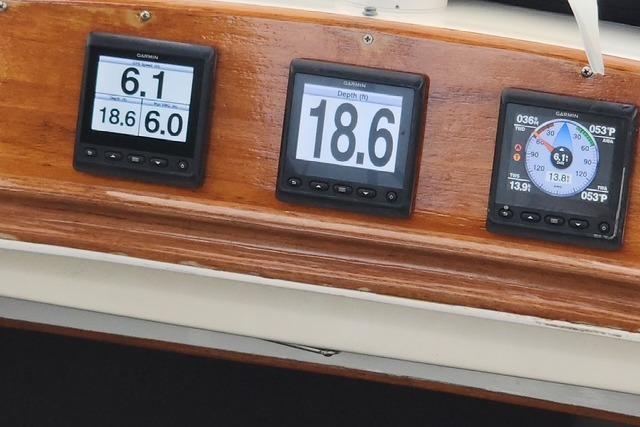 Digital navigation instruments on a 1984 Bristol 45.5 Center Cockpit yacht.