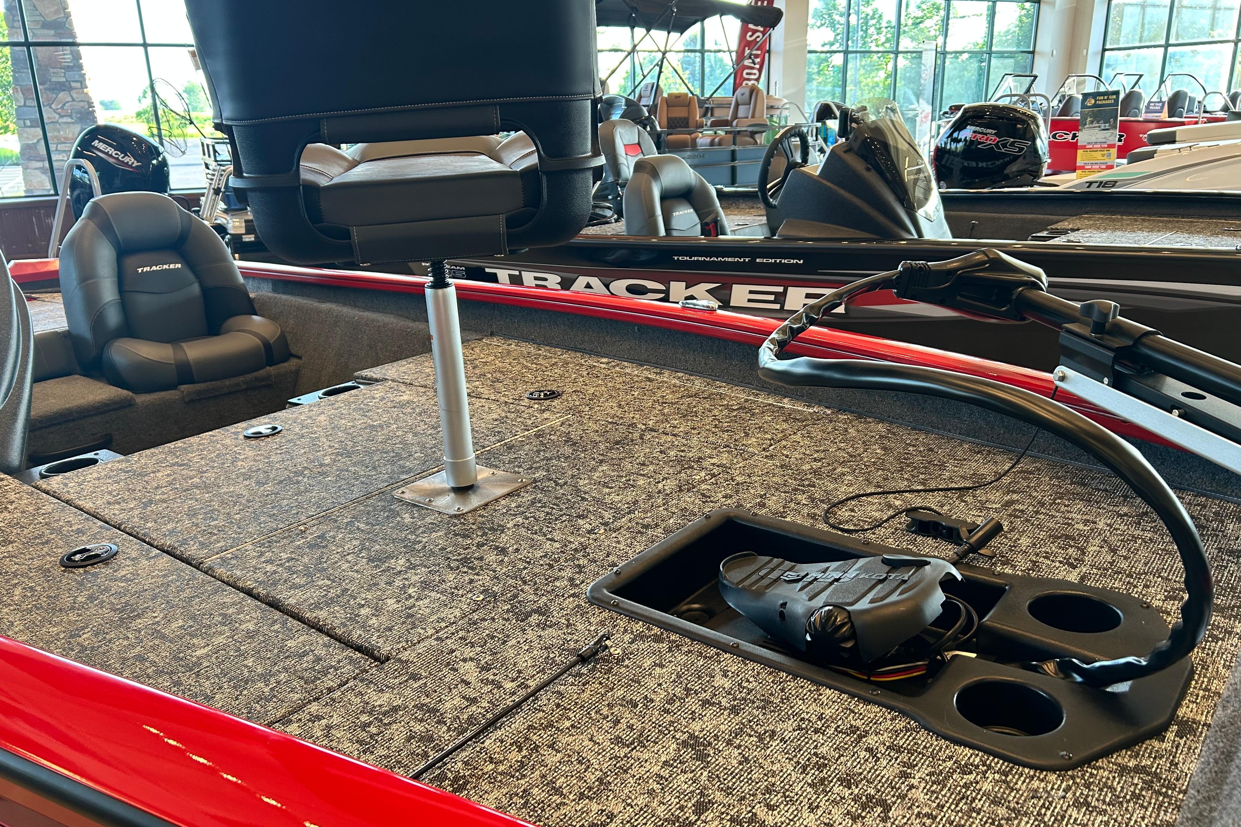 2026 Tracker Pro Team 175 boat interior with seating and fishing equipment.