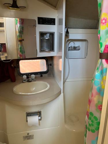 1985 Cruisers Yachts 338 Chateau Vee bathroom with sink, mirror, and shower.