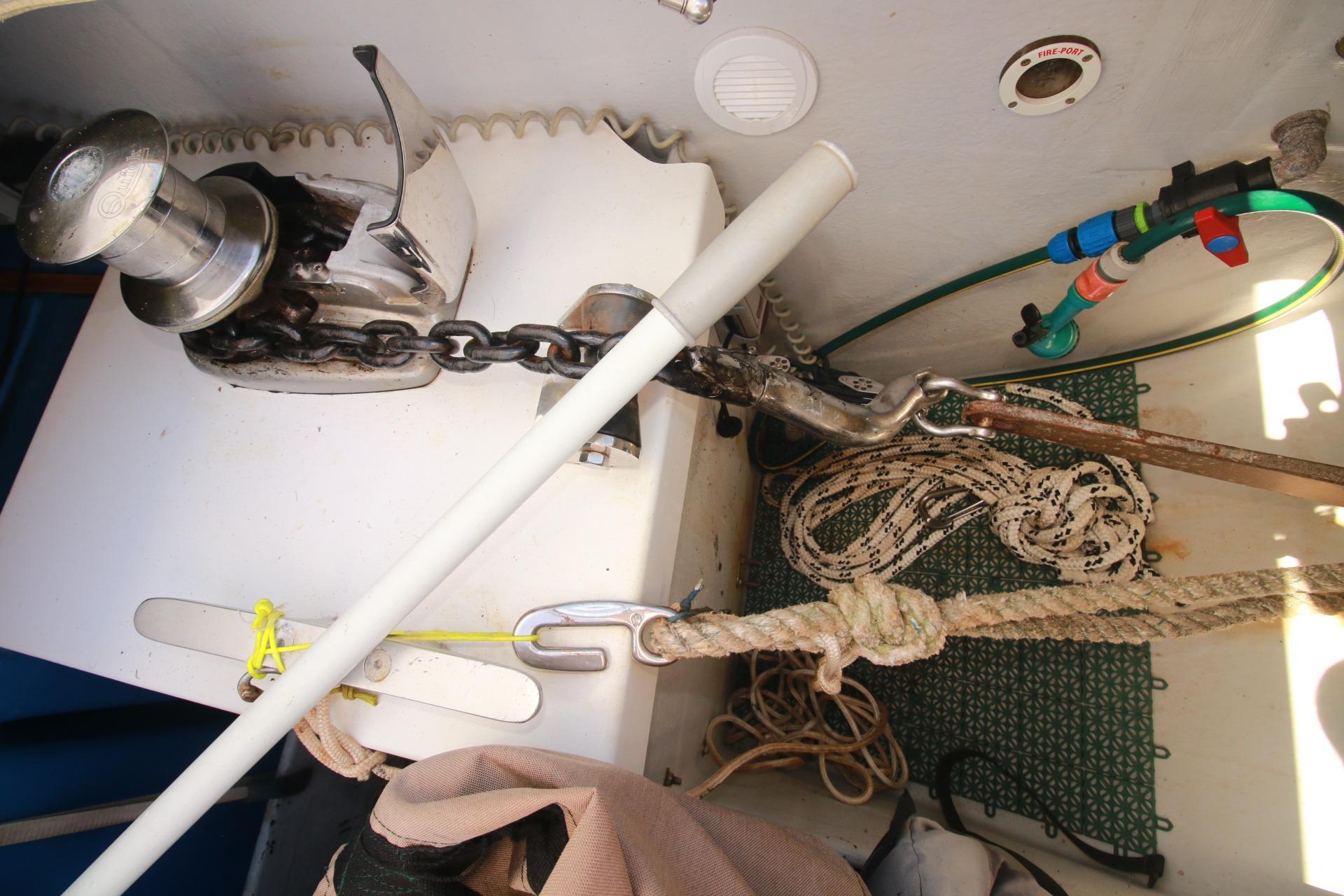 Anchor chain and ropes on a 2022 Fountaine Pajot Elba 45 Catamaran deck.