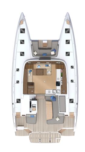 2025 Lagoon 55 catamaran interior layout, featuring spacious living and dining areas.