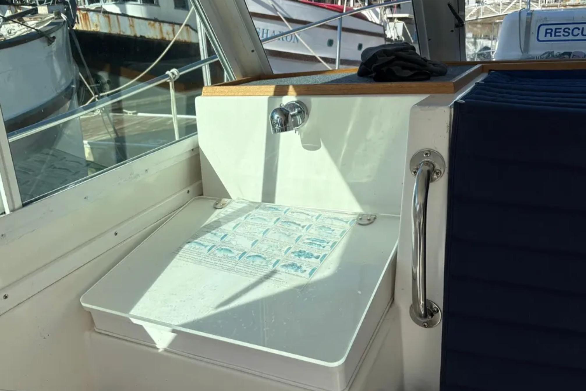 2005 Albin 28 Tournament Express boat interior with sink and handrail.