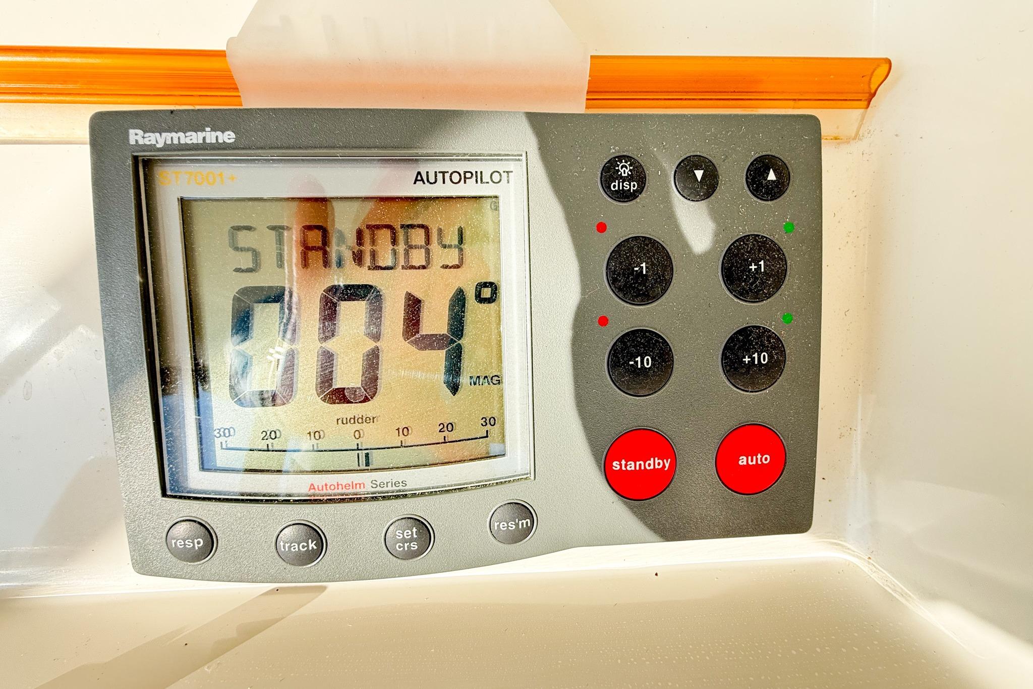 Raymarine autopilot display on 2004 Silverton 48 Convertible, showing standby mode.