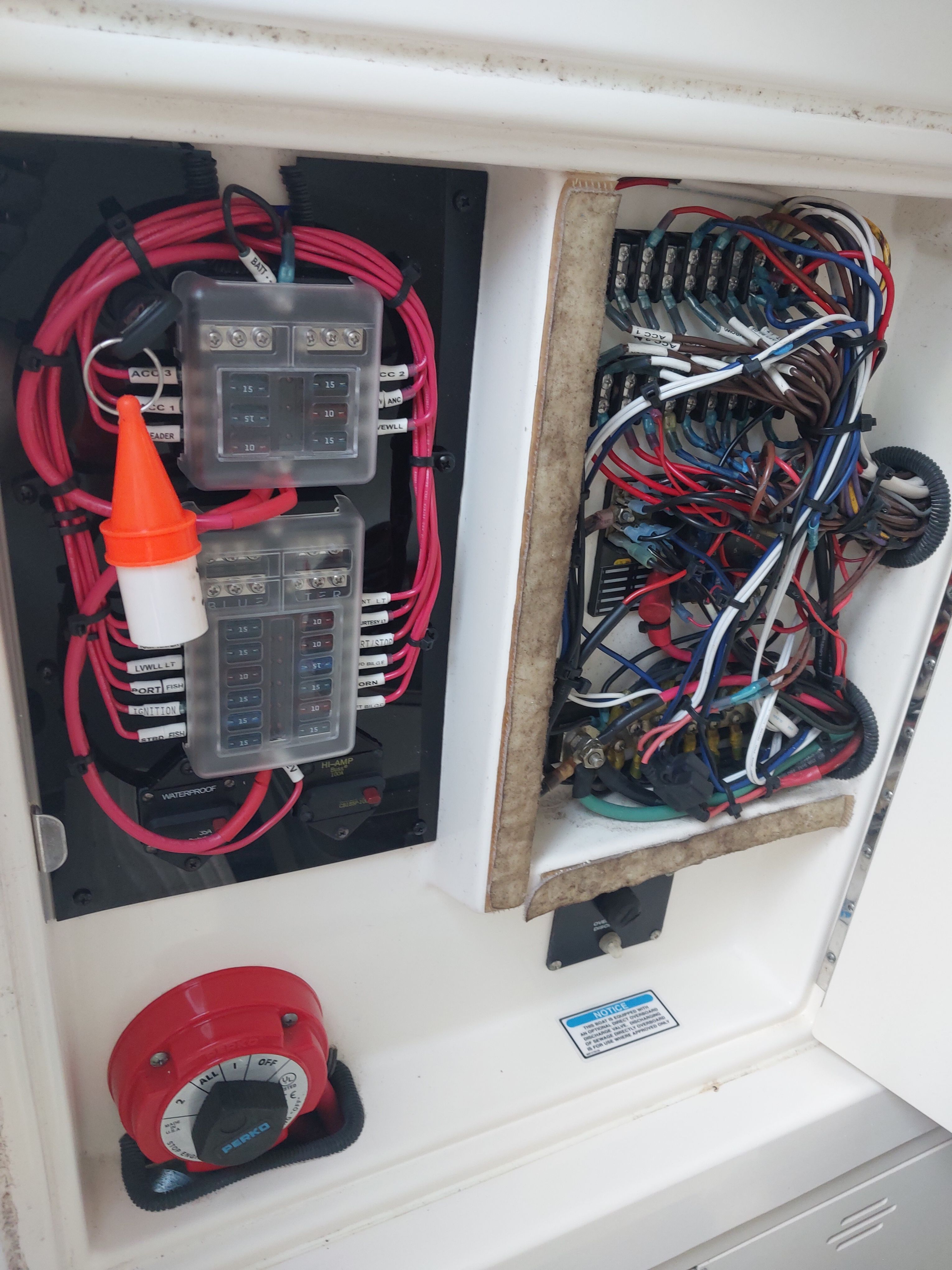 Electrical panel and wiring inside a boat.