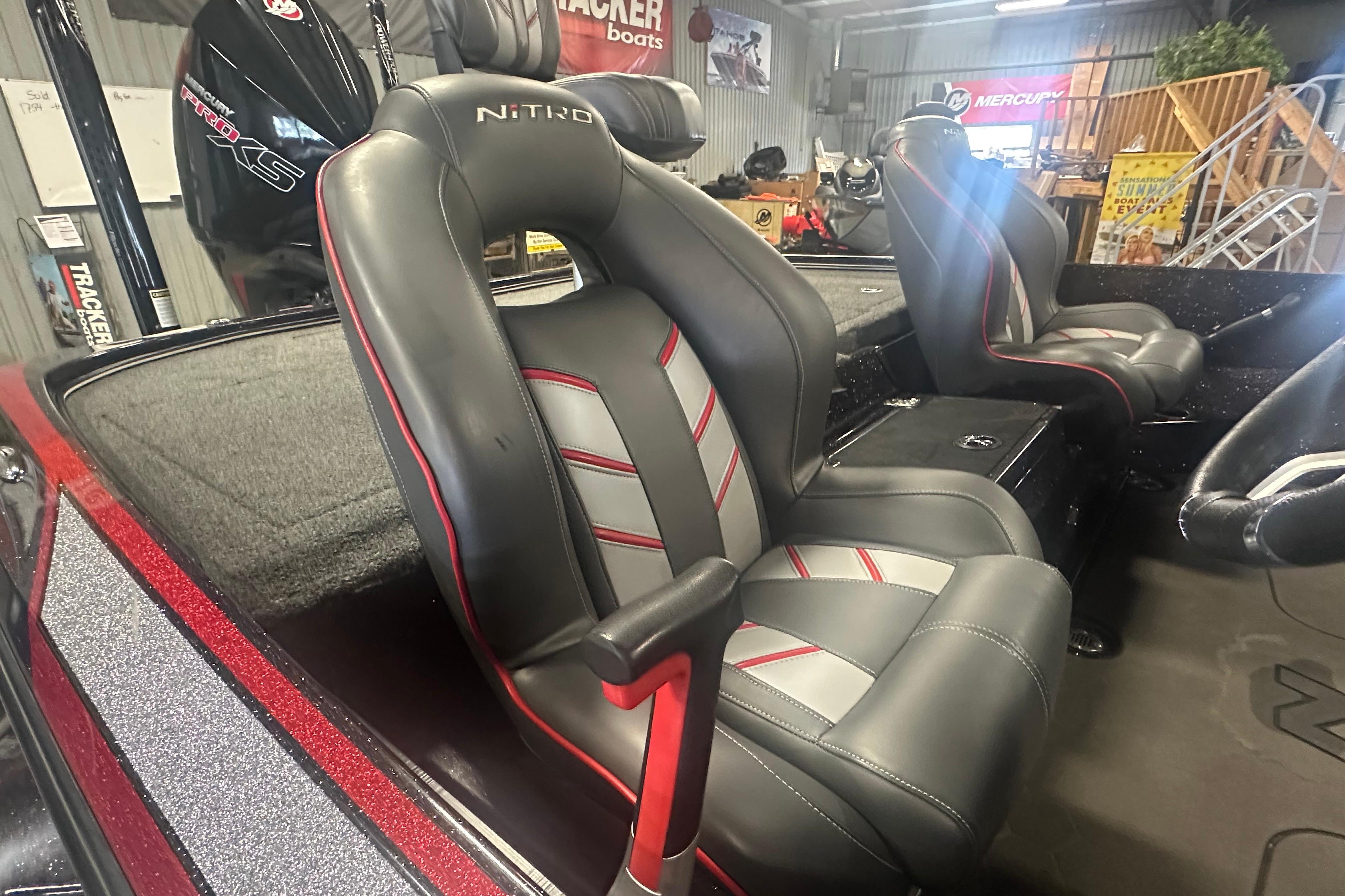 Interior of a 2022 Nitro Z20 Pro boat with sleek, modern seating design.