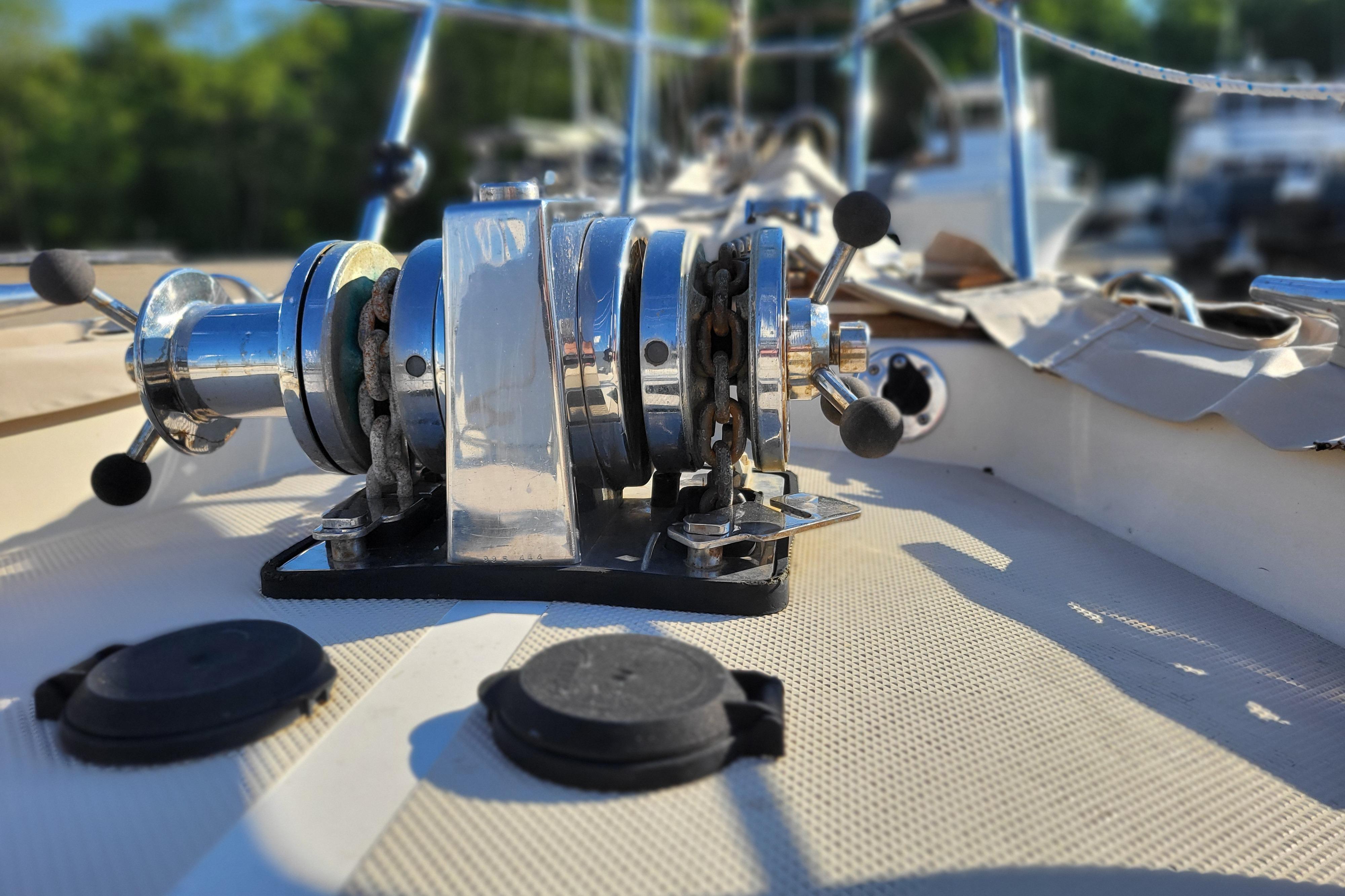 Close-up of a 2000 Island Packet 420 sailboat's anchor windlass on deck.