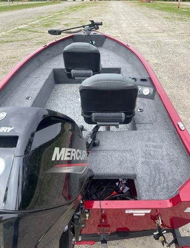 2025 Tracker Super Guide V-16 T boat with Mercury engine, featuring dual seats and spacious interior.