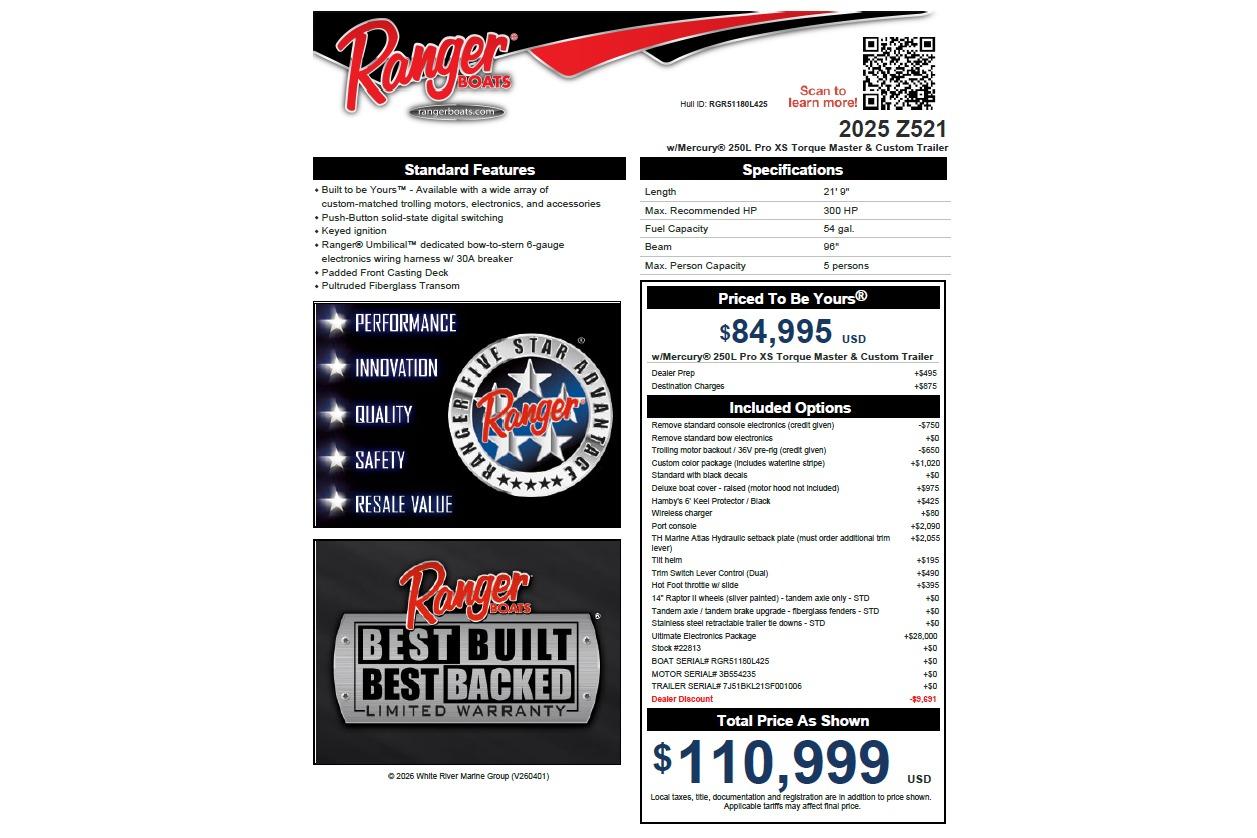 Ranger Z521 2025 boat specifications and pricing details with performance features.