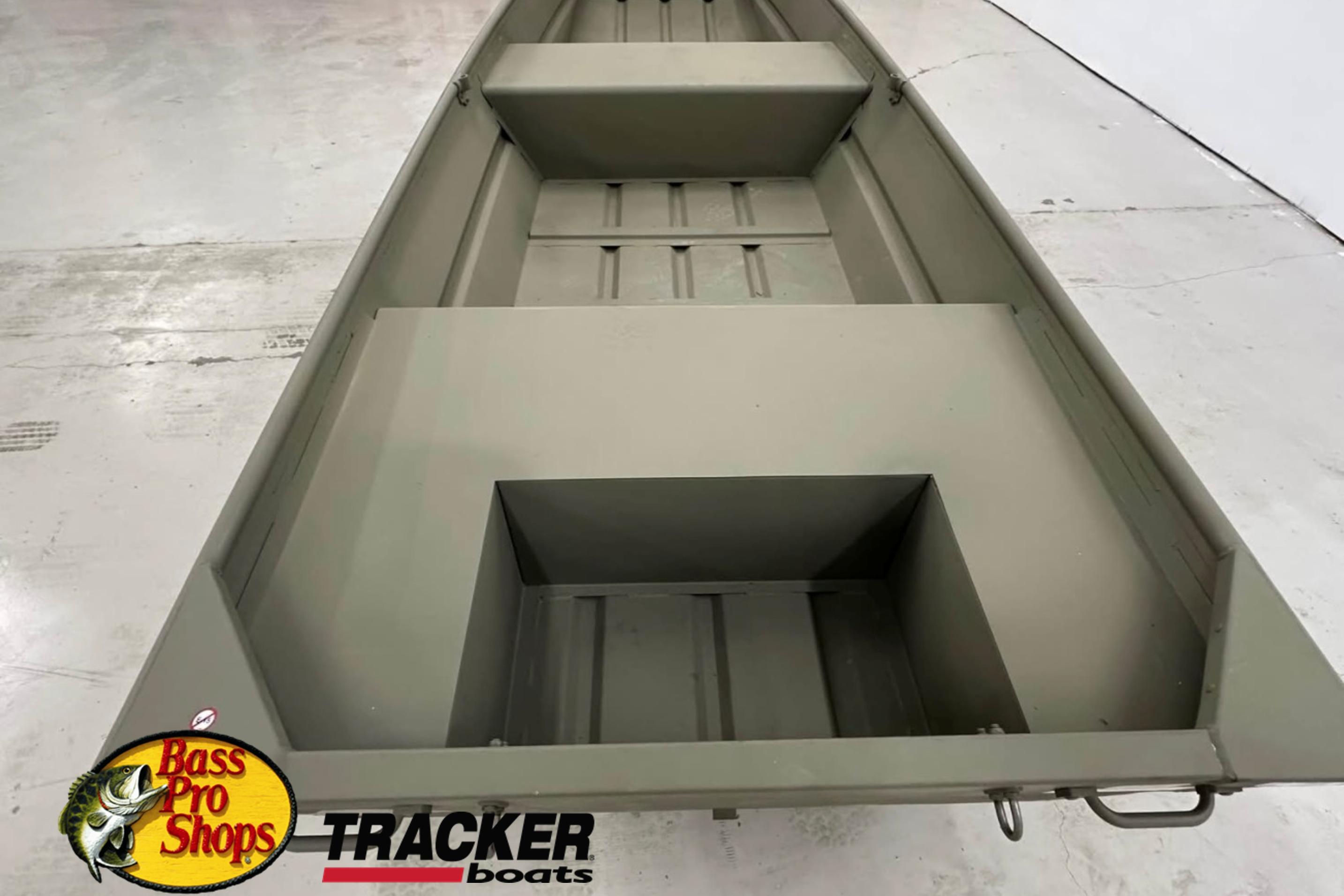 2026 Tracker Grizzly 14 Jon boat interior, featuring Bass Pro Shops and Tracker Boats logos.