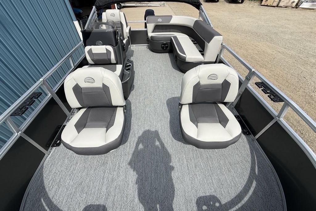 2026 Sun Tracker Bass Buggy 16 XL Select pontoon boat interior with cushioned seating.