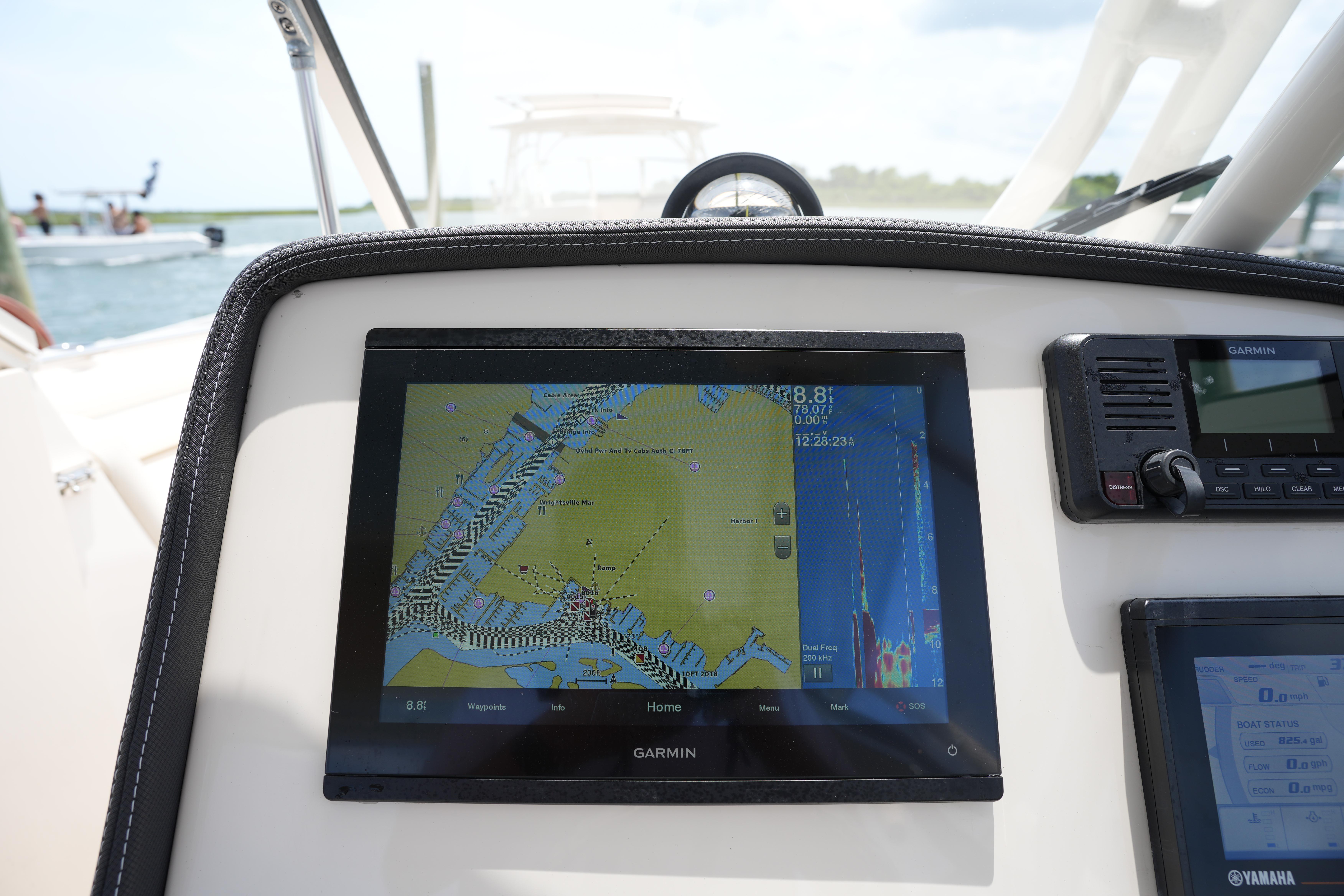 Garmin navigation display on 2021 Grady-White Freedom 235 boat dashboard.