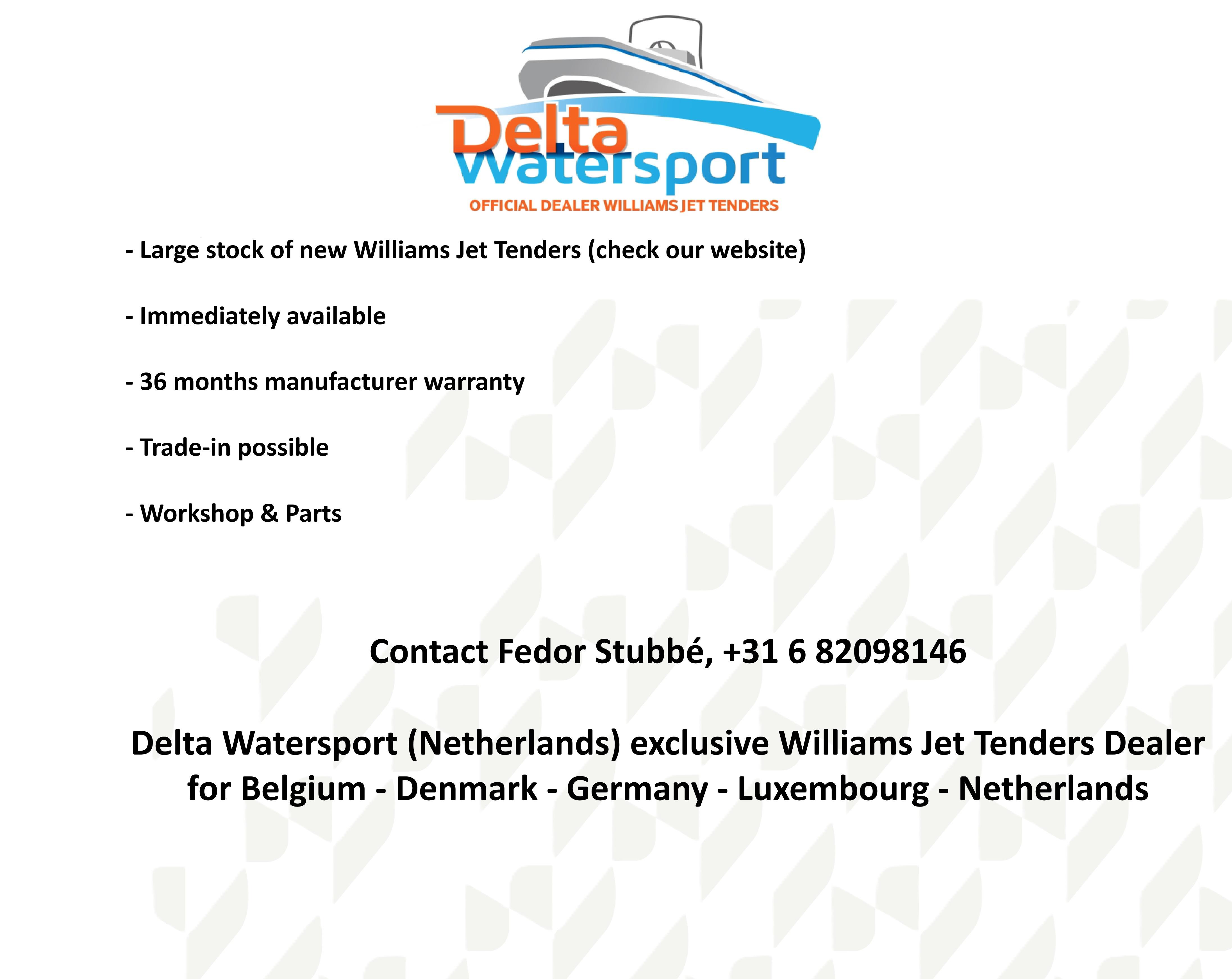 Delta Watersport offers Williams Jet Tenders SportJet 435, 2025 model, with warranty and trade-in options.
