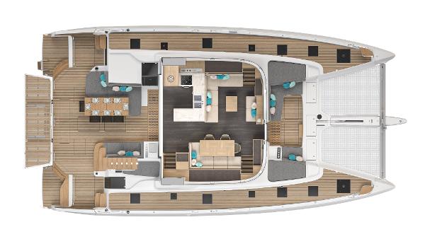 Top view of 2025 Lagoon 60 catamaran layout, featuring spacious deck and modern interior design.