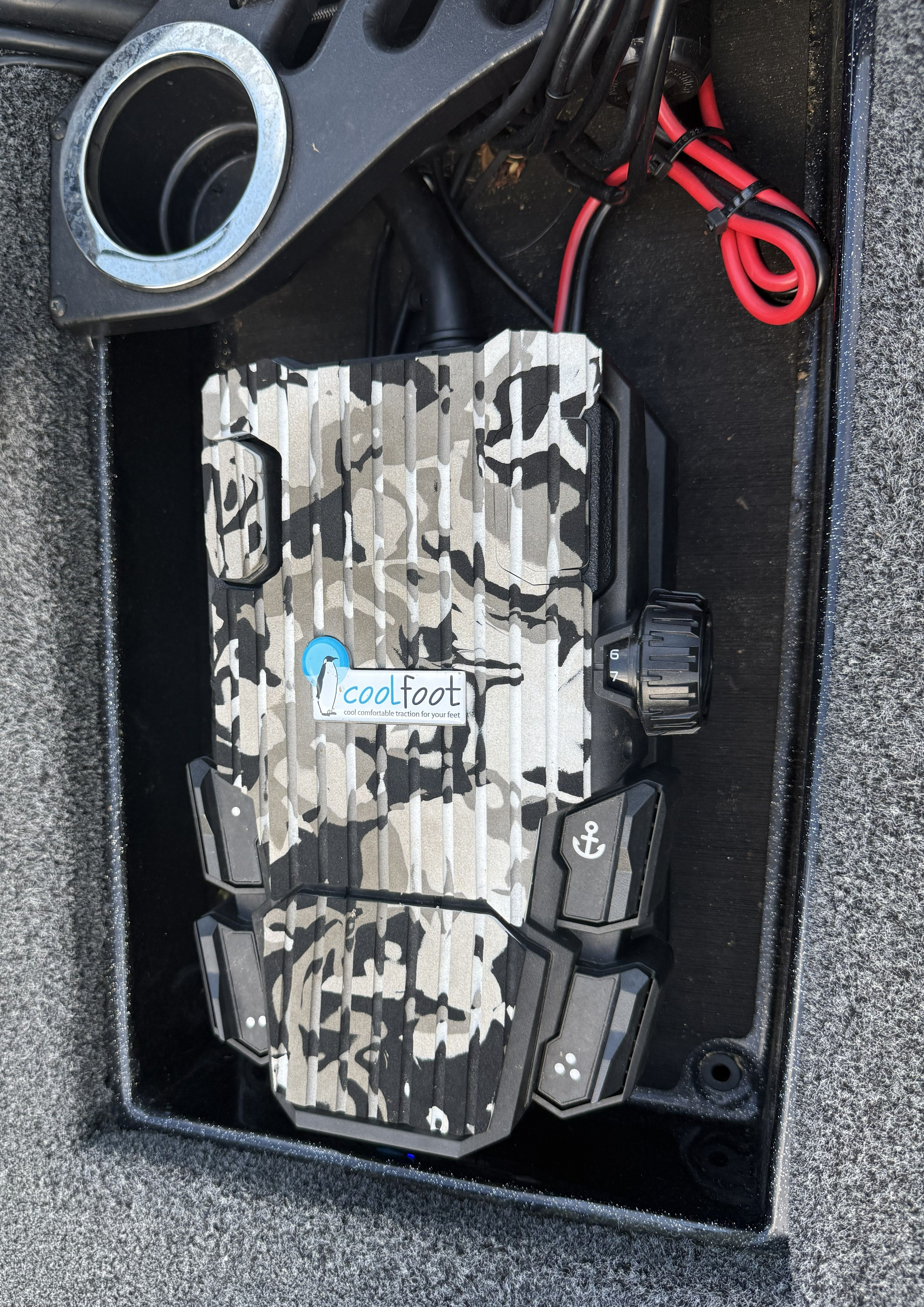 Close-up of a boat accessory with a camouflage design and wiring.