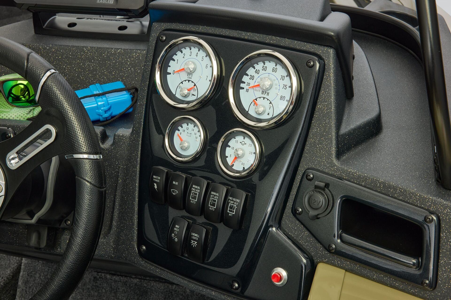 Dashboard of 2026 Tracker Targa V-19 Combo boat with gauges and controls.