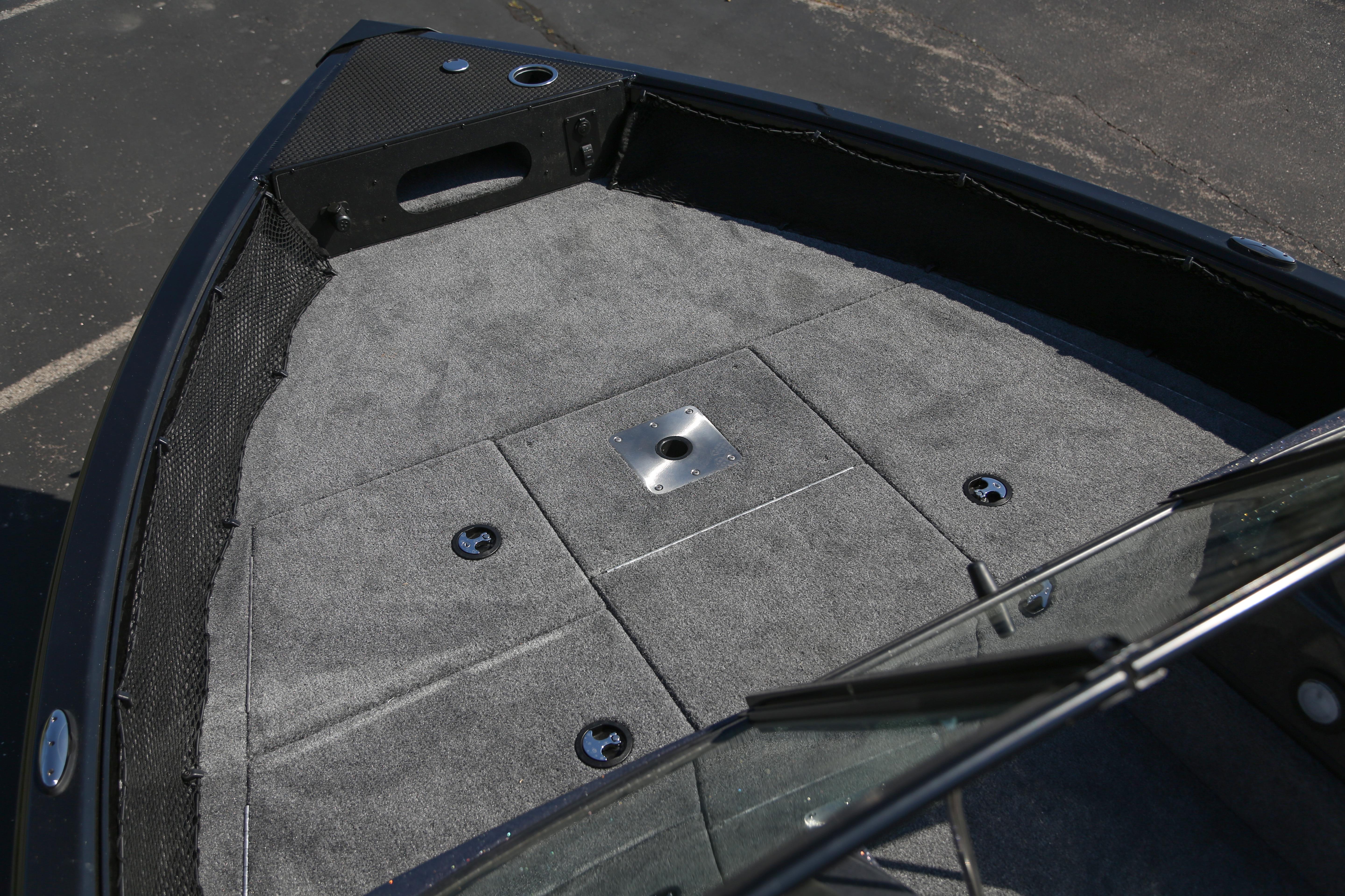 2026 Ranger VS1682SC Angler boat deck with carpeted surface and storage compartments.