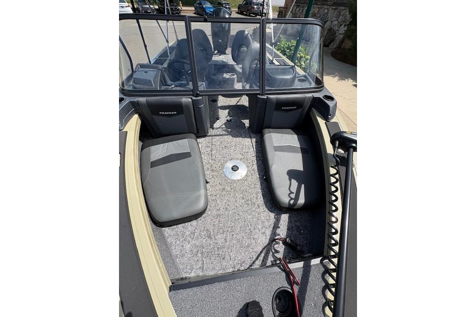 2026 Tracker Targa V-18 WT boat interior with seating and windshield.