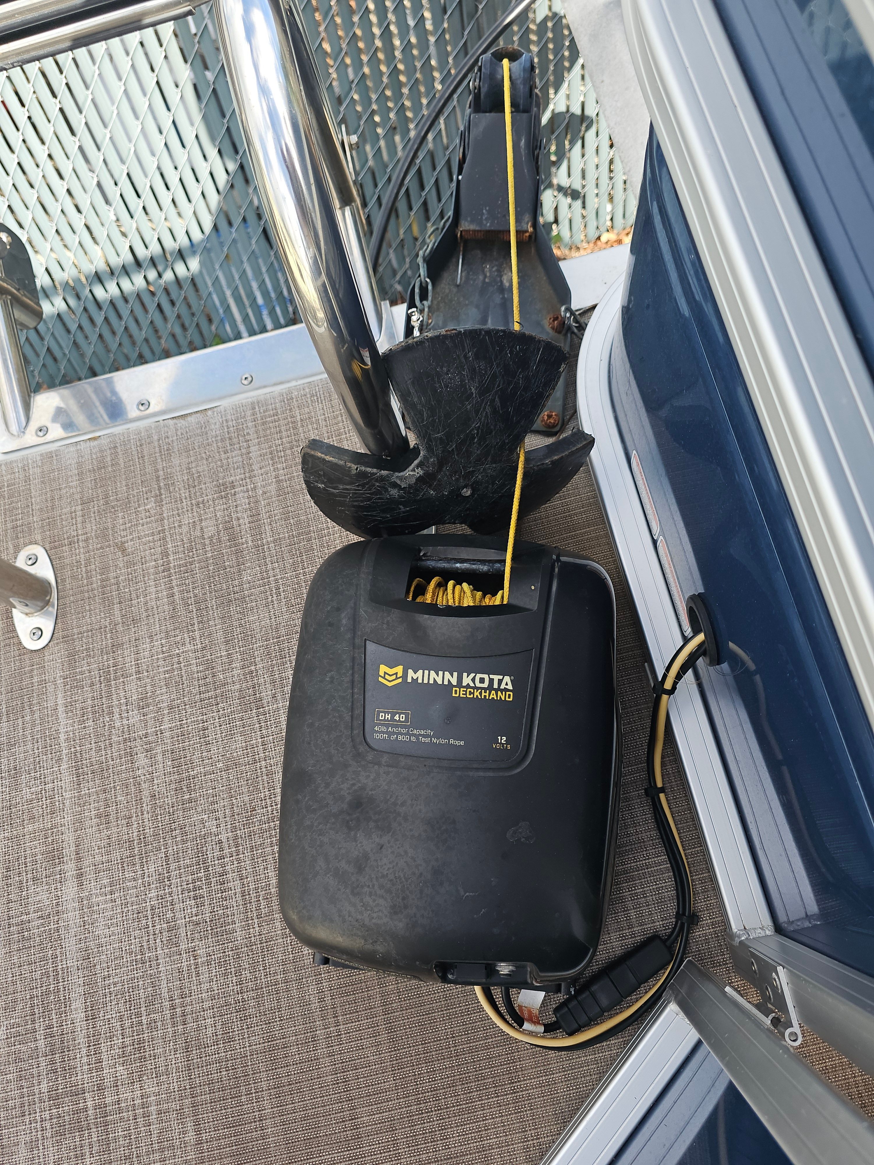 Minn Kota Deckhand anchor winch on Sun Tracker Fishin' Barge 22 DLX, 2024.
