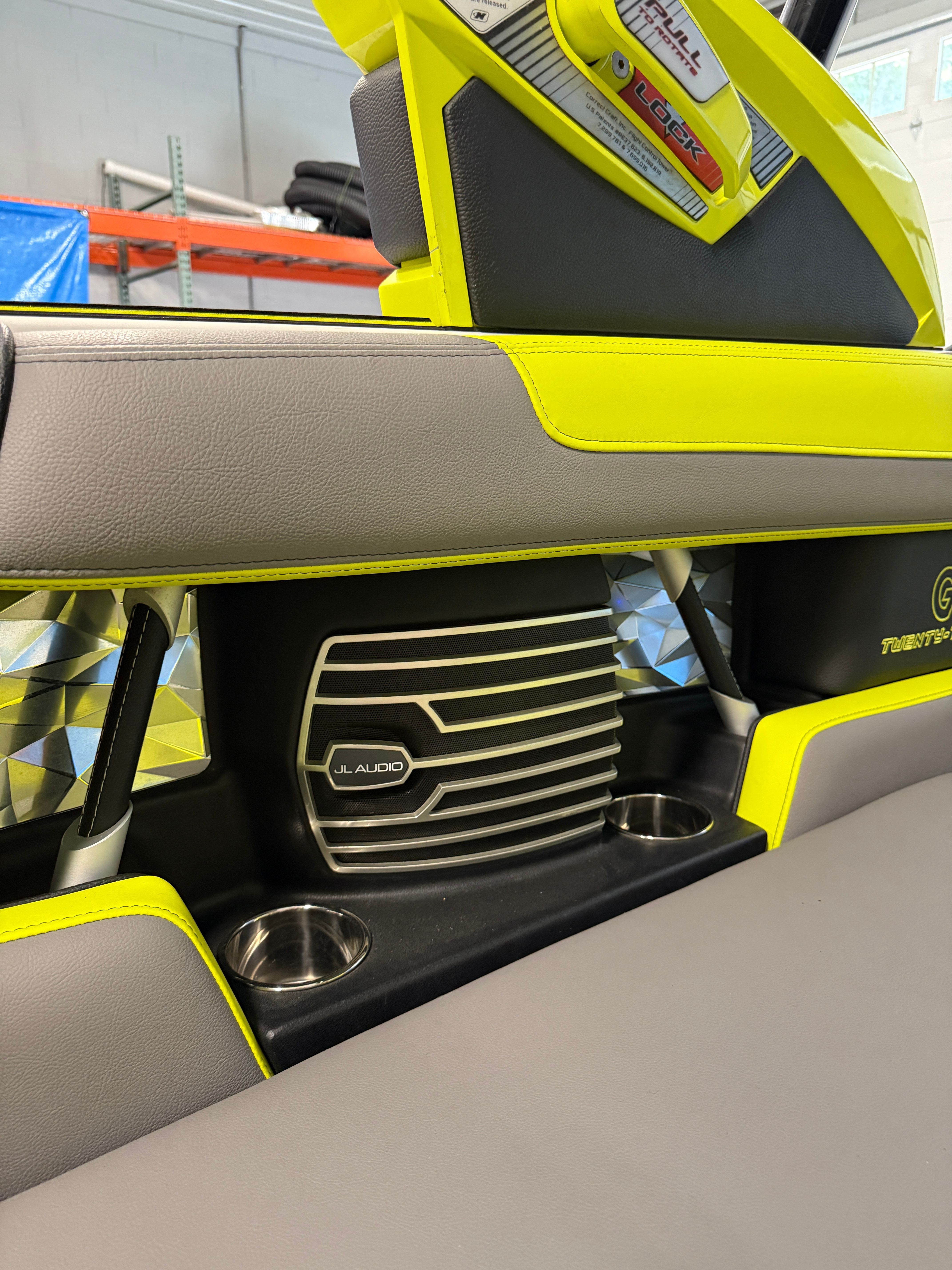 Close-up of the interior of a 2016 Nautique Super Air Nautique G23 with JL Audio speaker.