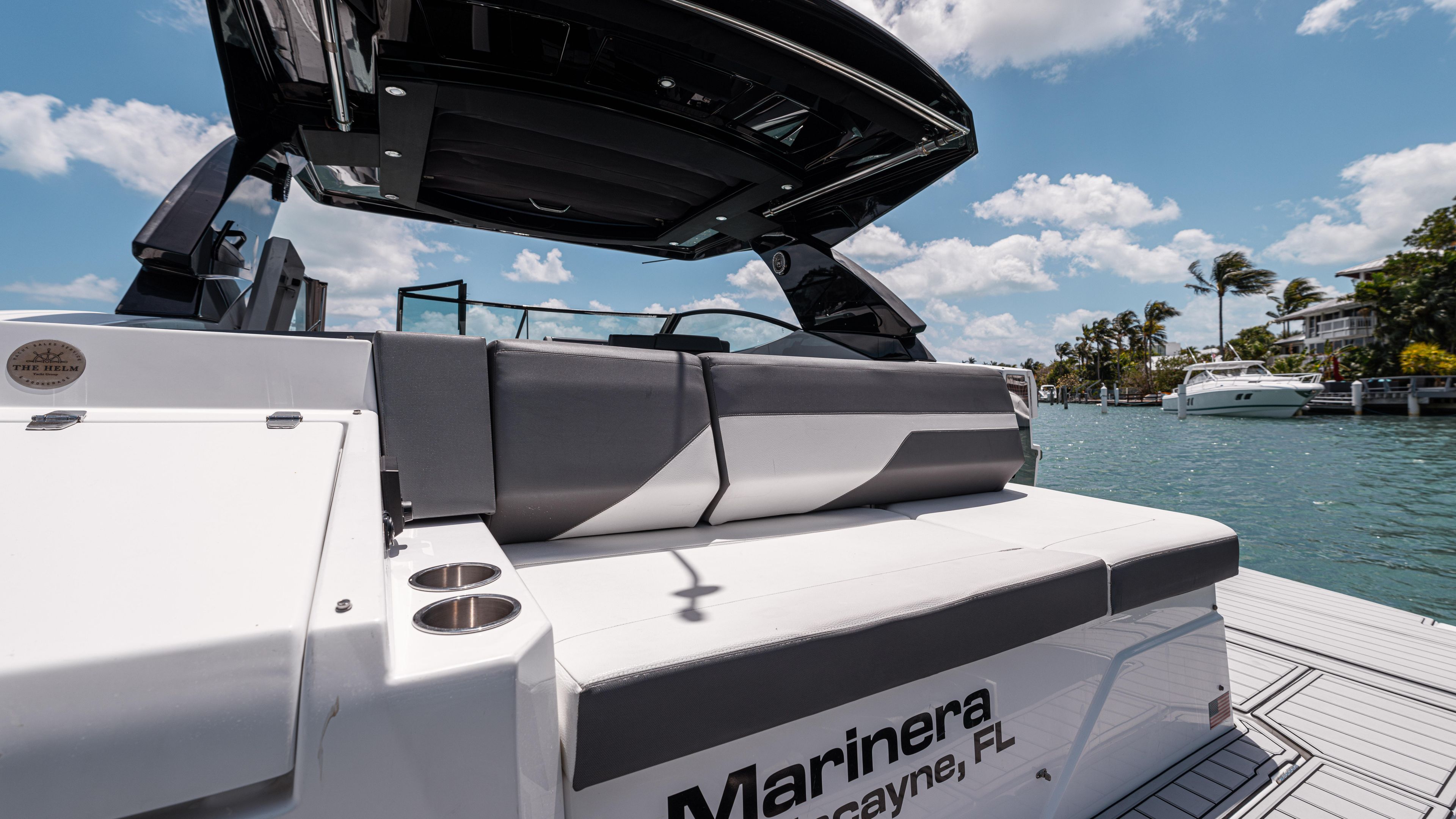 2020 Cruisers Yachts 38 GLS OB, luxury boat docked in sunny Biscayne, FL.