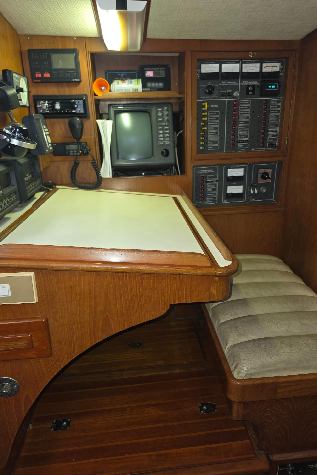 1982 Stevens 40" yacht navigation station with control panels and seating.