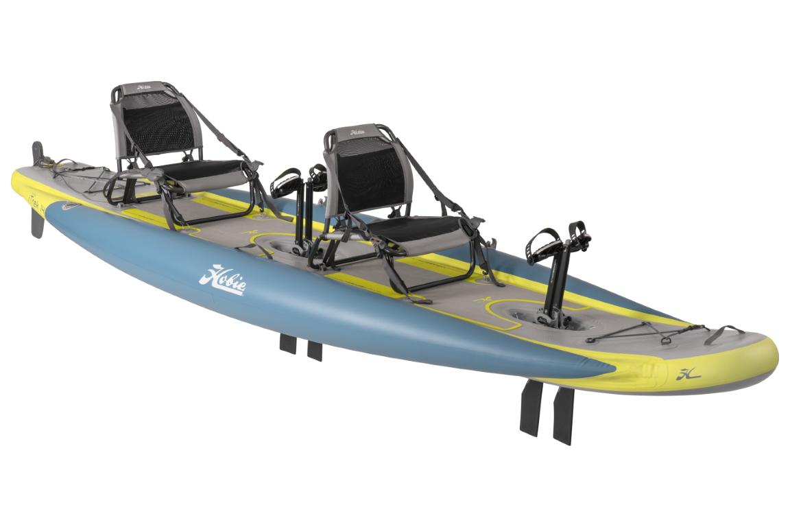 2023 Hobie iTrek 14 Duo inflatable tandem kayak with pedal drive system.