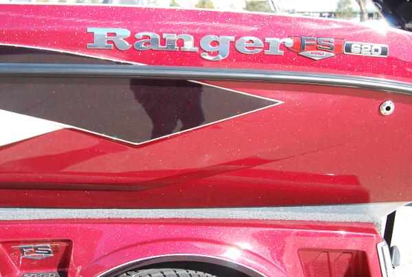 2024 Ranger 620FS Pro boat in red with logo and model details.