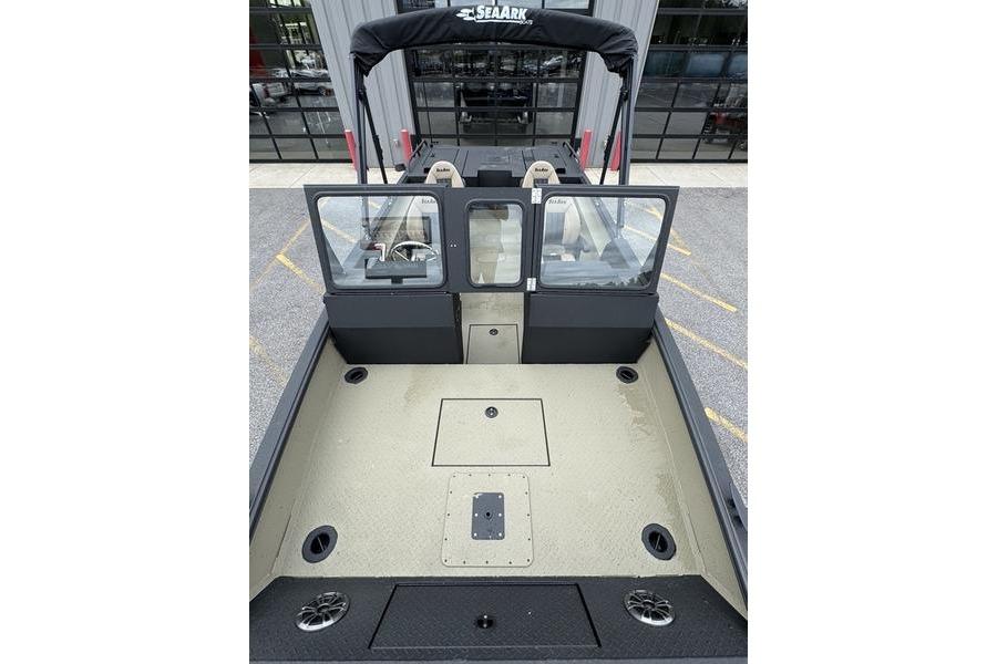 2026 SeaArk Predator 300 AK boat interior with spacious deck and windshield view.