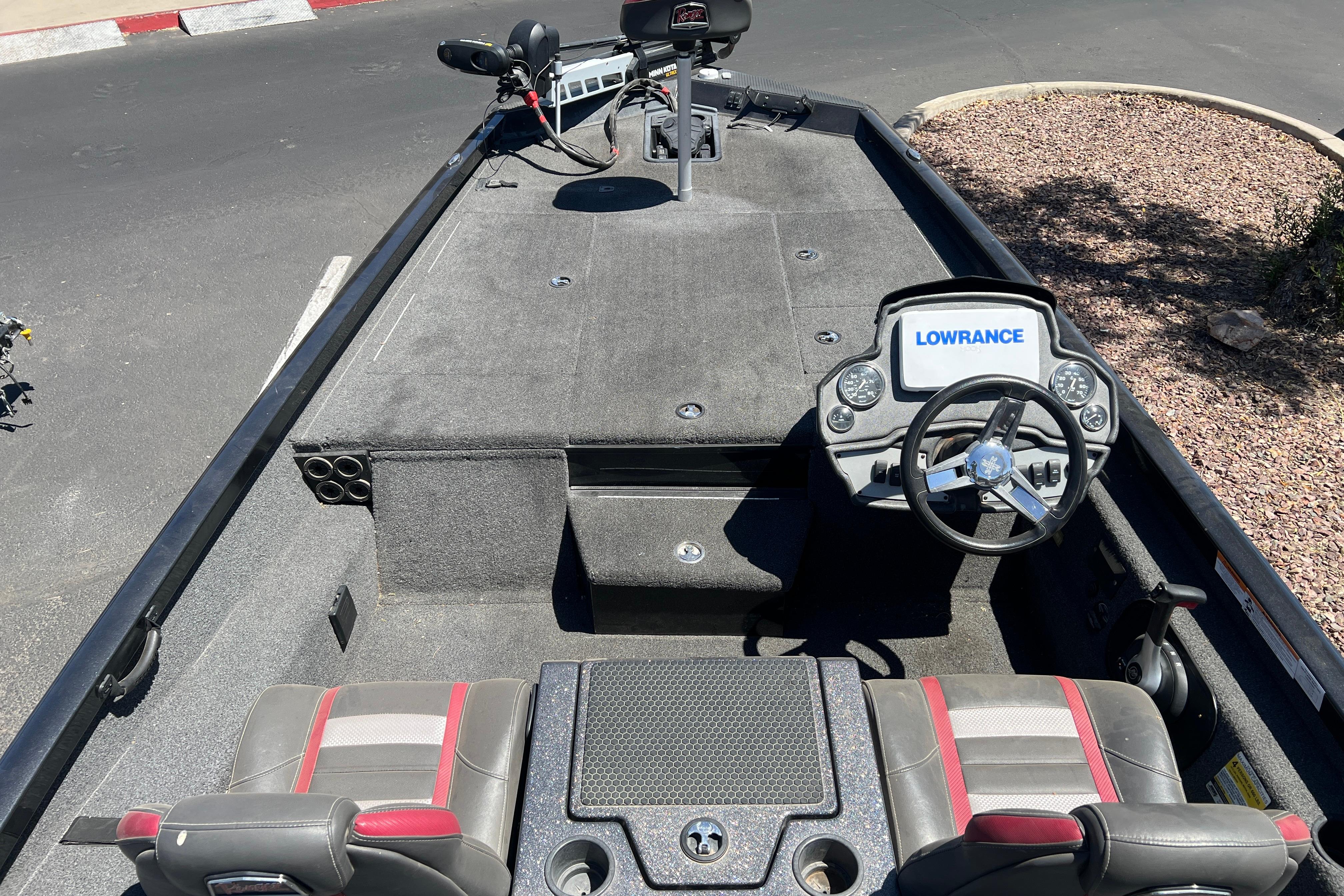 2019 Ranger RT198P fishing boat interior with steering console and Lowrance electronics.