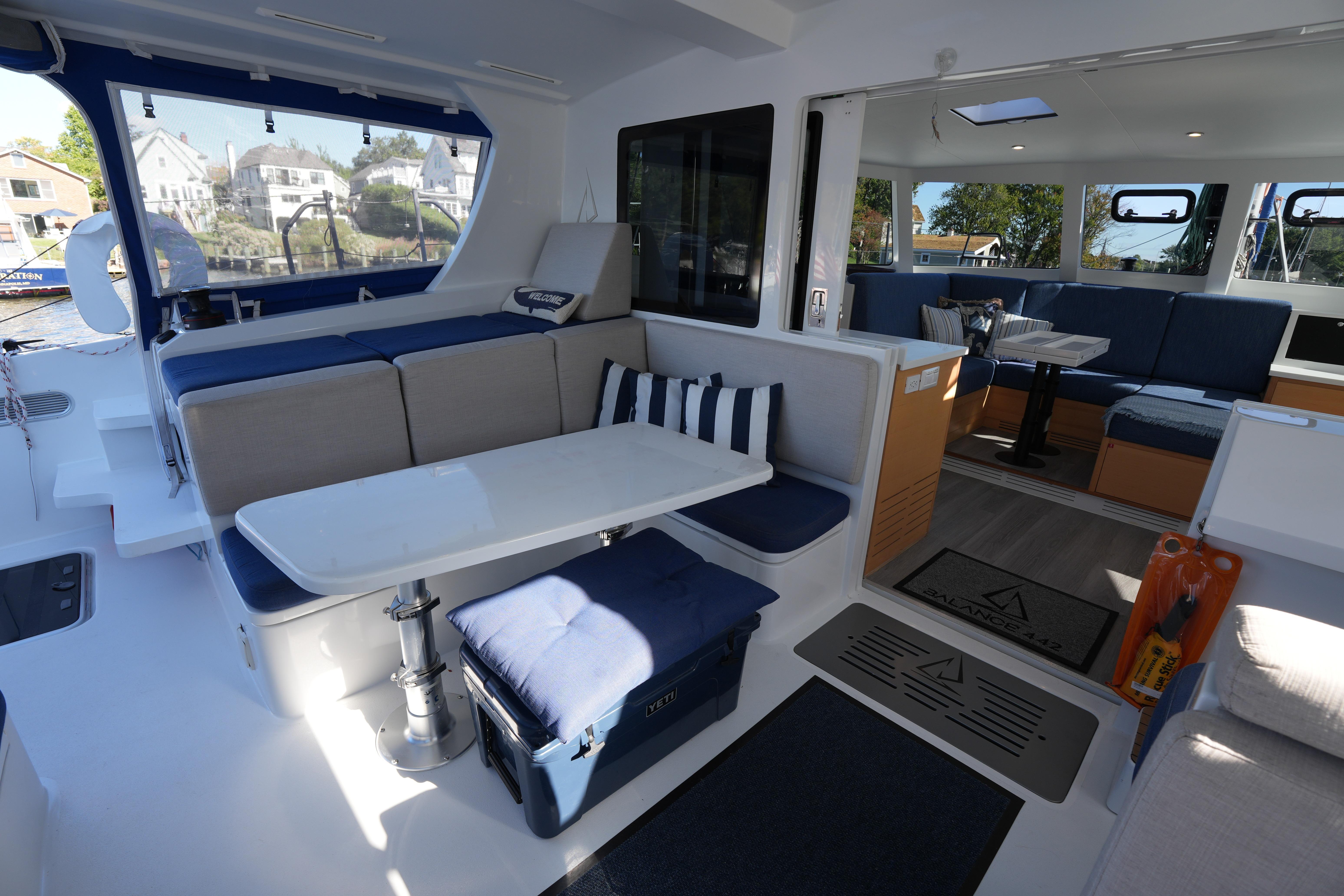 Luxurious interior of 2024 Balance 442 catamaran with spacious seating and modern design.