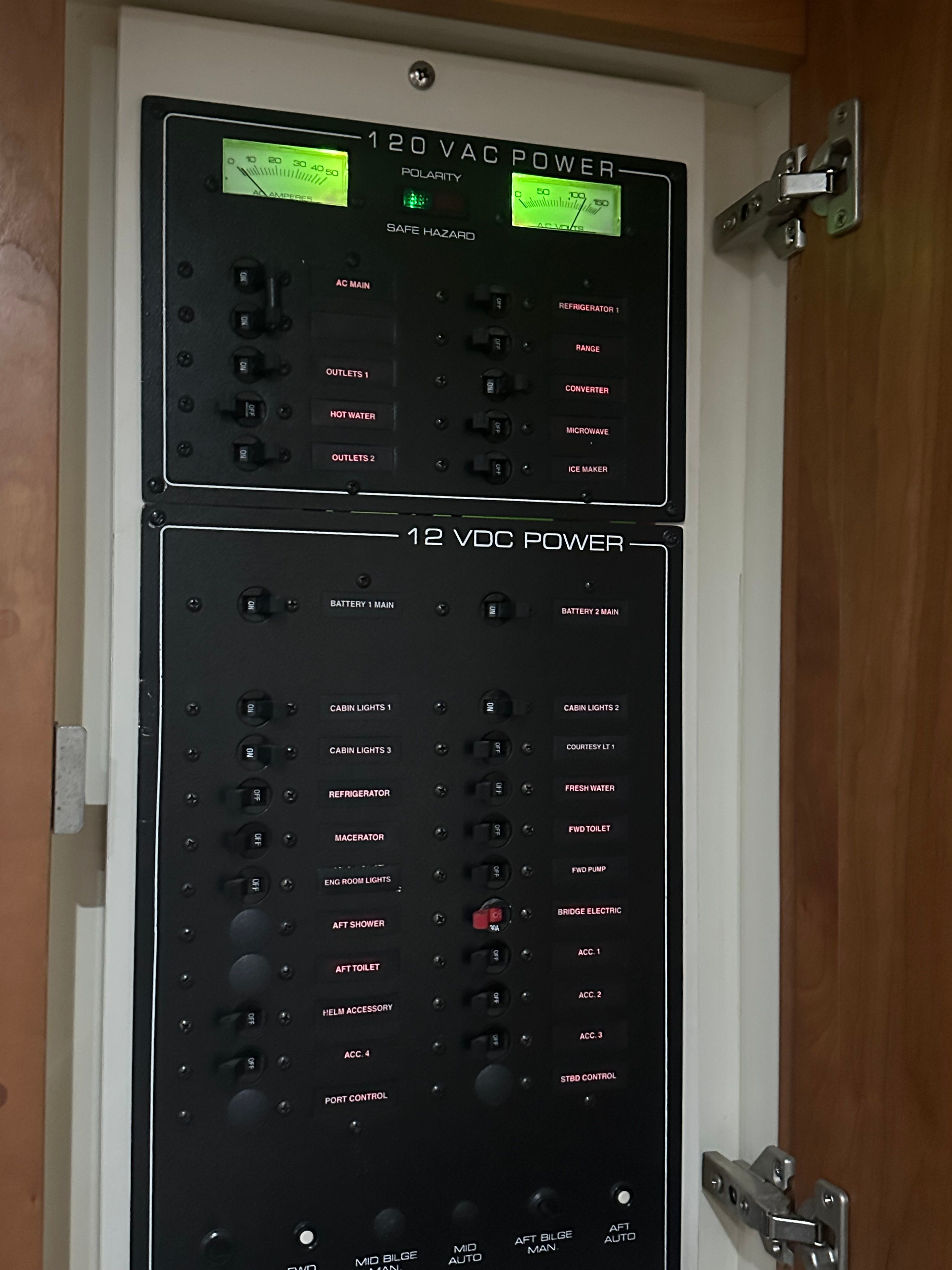 Electrical control panel of Silverton 351 Sedan yacht, year 2000.