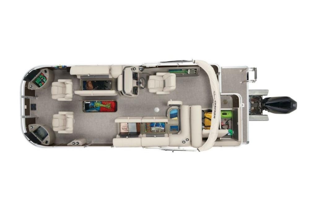 2025 Sun Tracker Sportfish™ 24 XP3 pontoon boat, top view, spacious seating layout.