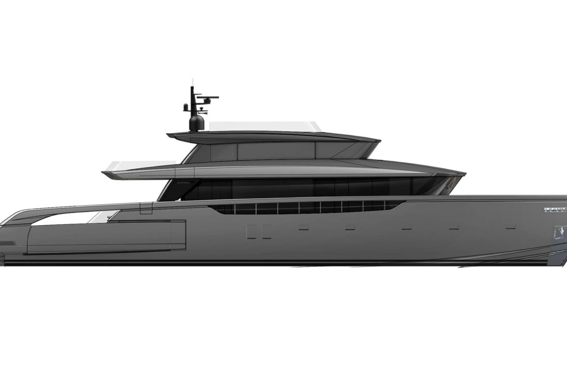 2027 Sanlorenzo SX120 yacht, sleek modern design, side profile view.